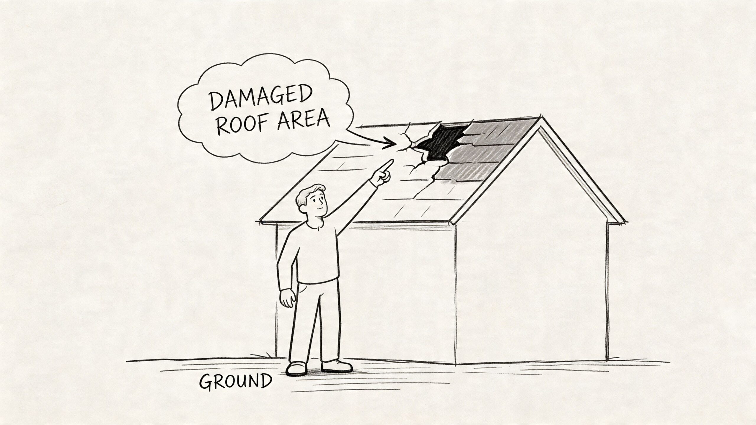 A hand-drawn illustration showing a person pointing at a large hole in the roof of a house.