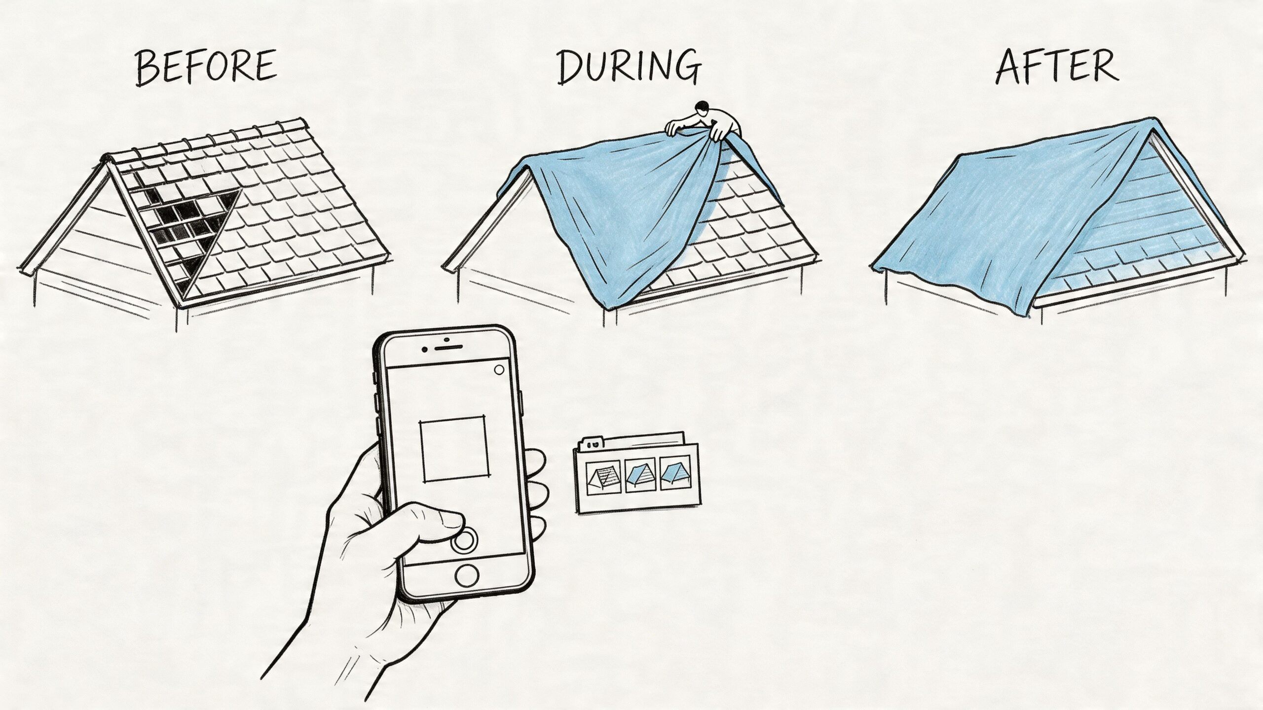 A diagram showing the three-step process of emergency roof tarping: before, during, and after, documented via smartphone.