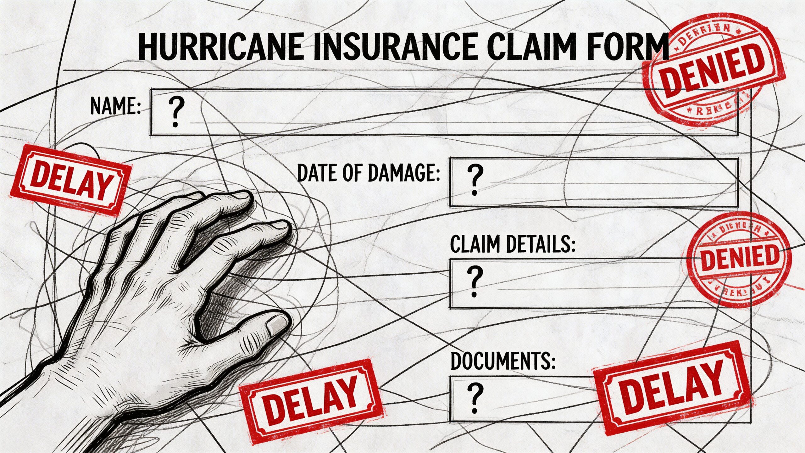 A conceptual drawing of a confusing hurricane insurance claim form with stamps of denial and delay.
