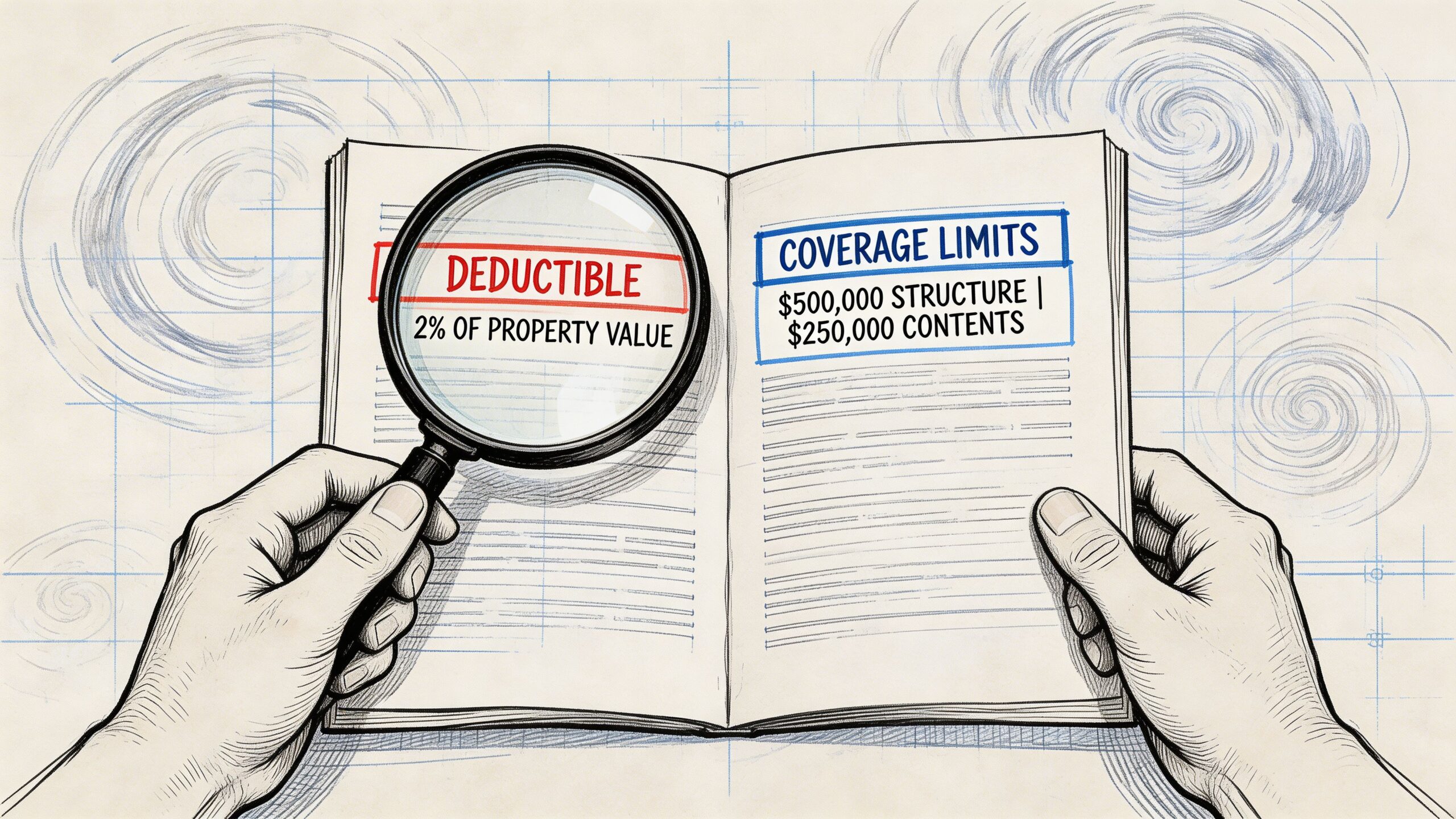 A magnifying glass inspecting insurance policy details including deductible and coverage limits on an open book.