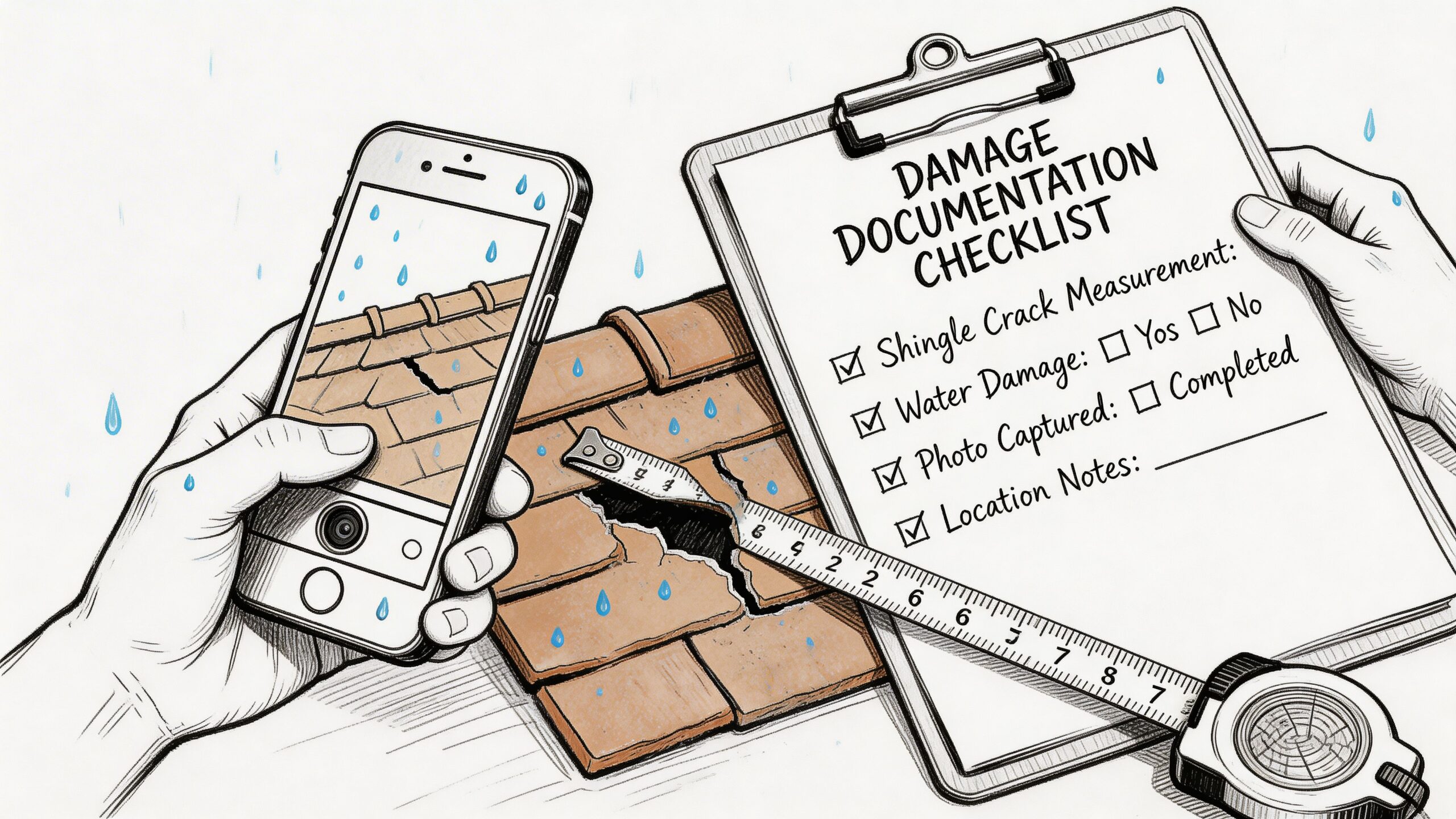 A hand holds a smartphone photographing a cracked roof shingle during a rainstorm for damage documentation purposes.
