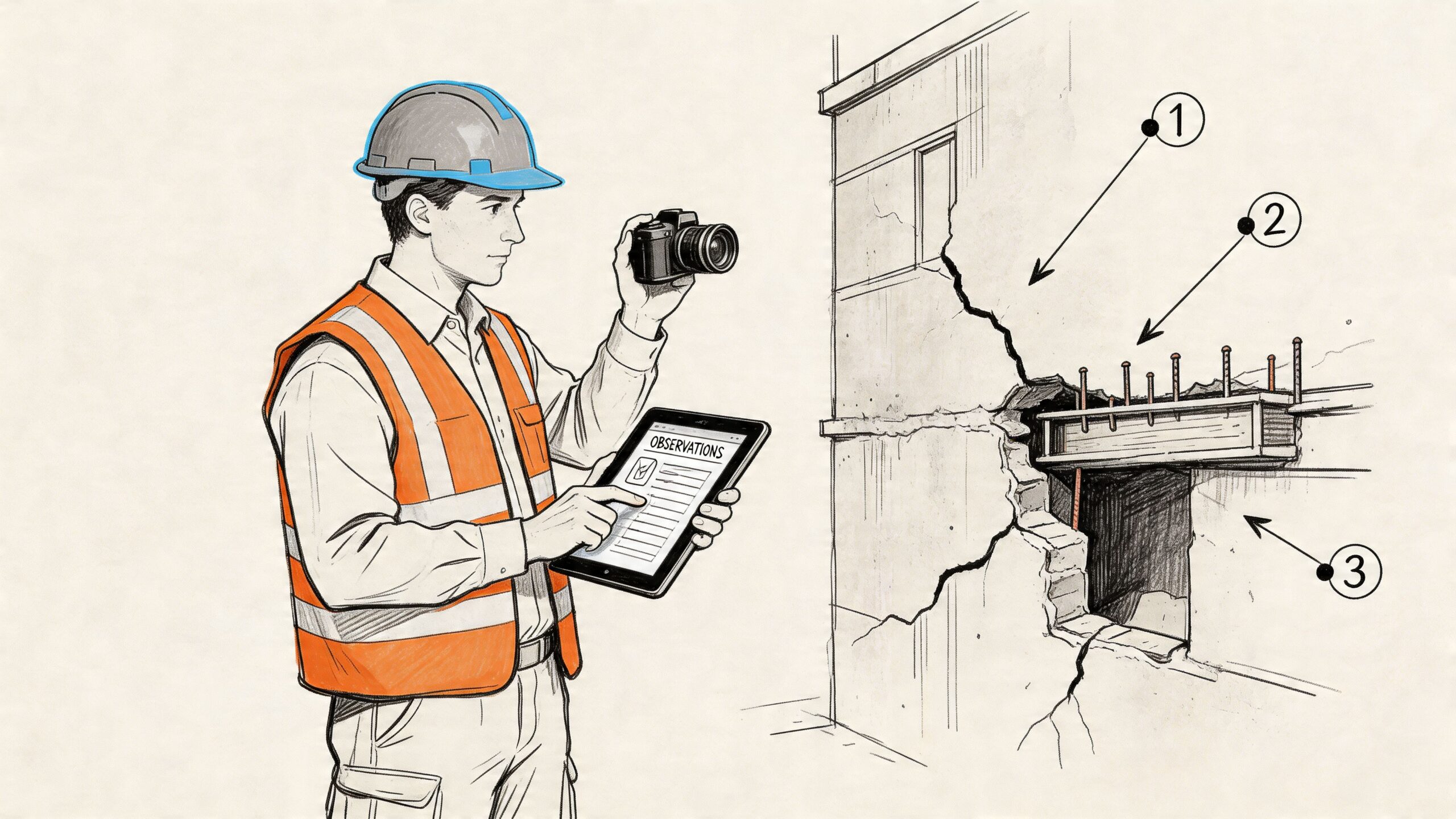 An independent field inspector holding a camera and tablet, examining structural damage on a concrete wall.