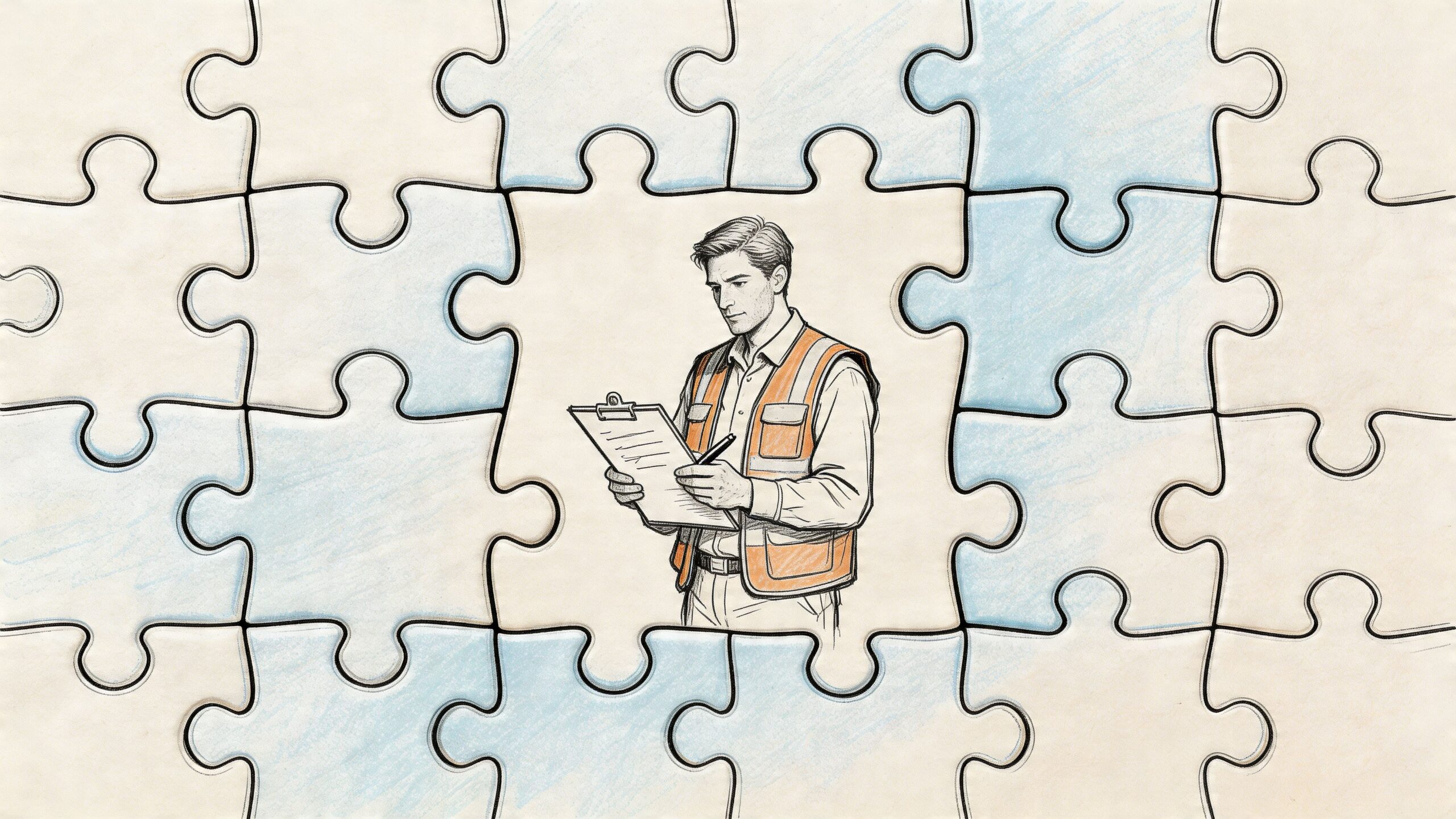 A pencil sketch of an independent field inspector reviewing paperwork while standing within a jigsaw puzzle.