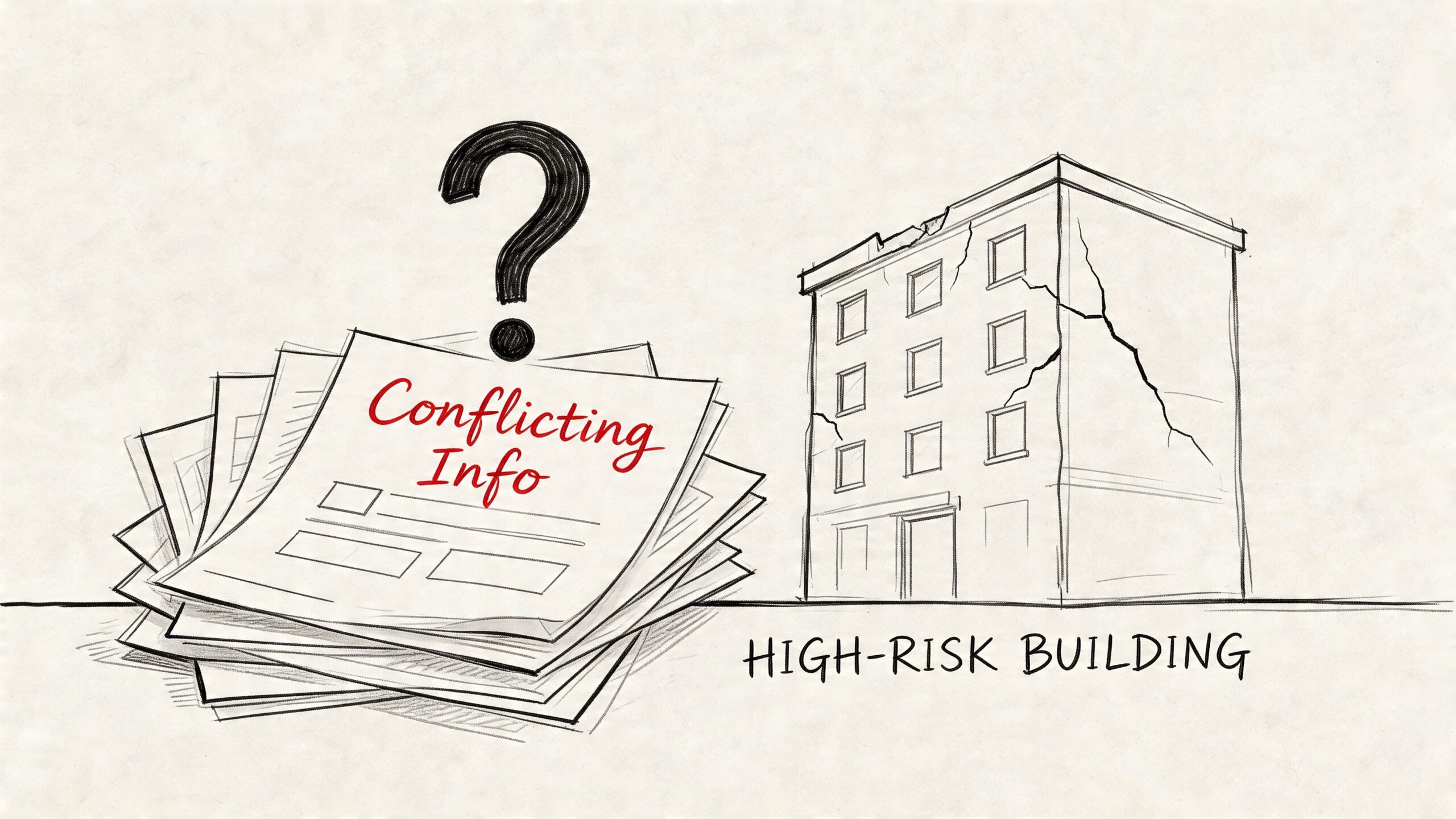 A conceptual sketch illustrating a stack of documents with conflicting information next to a damaged, high-risk building.
