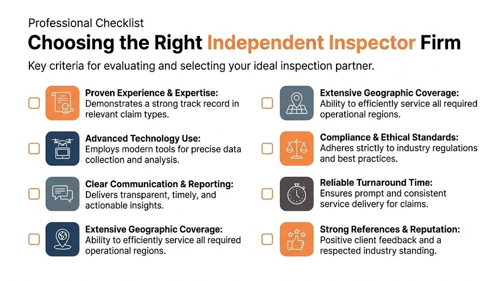 A professional checklist for selecting the right independent inspector firm, outlining key evaluation criteria for businesses.