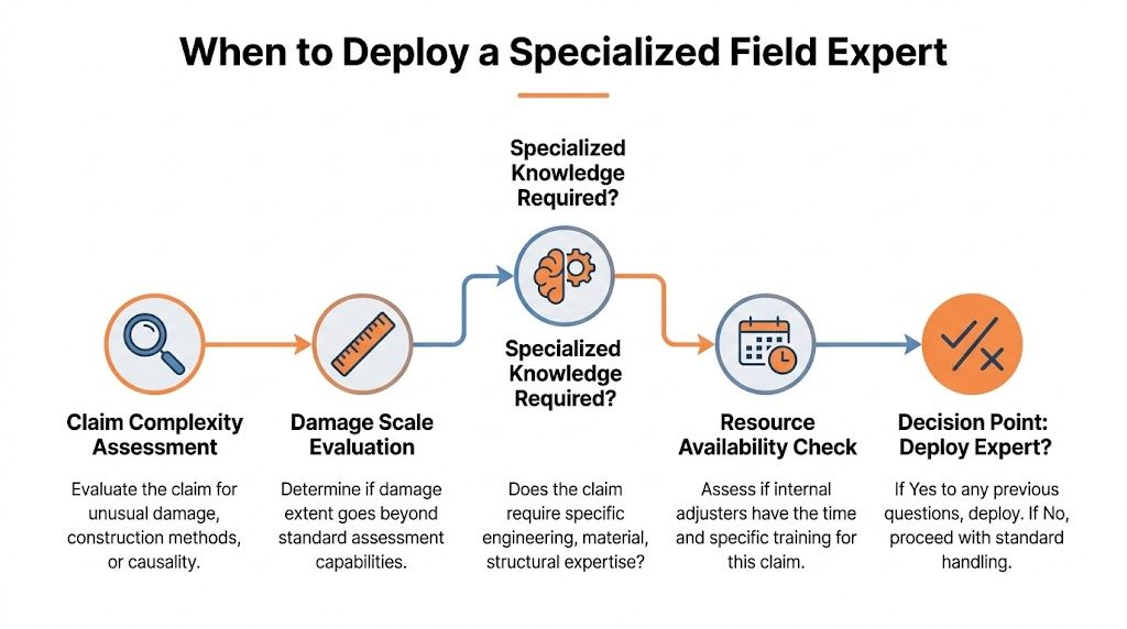 A flow chart titled When to Deploy a Specialized Field Expert for insurance claim assessment processes.