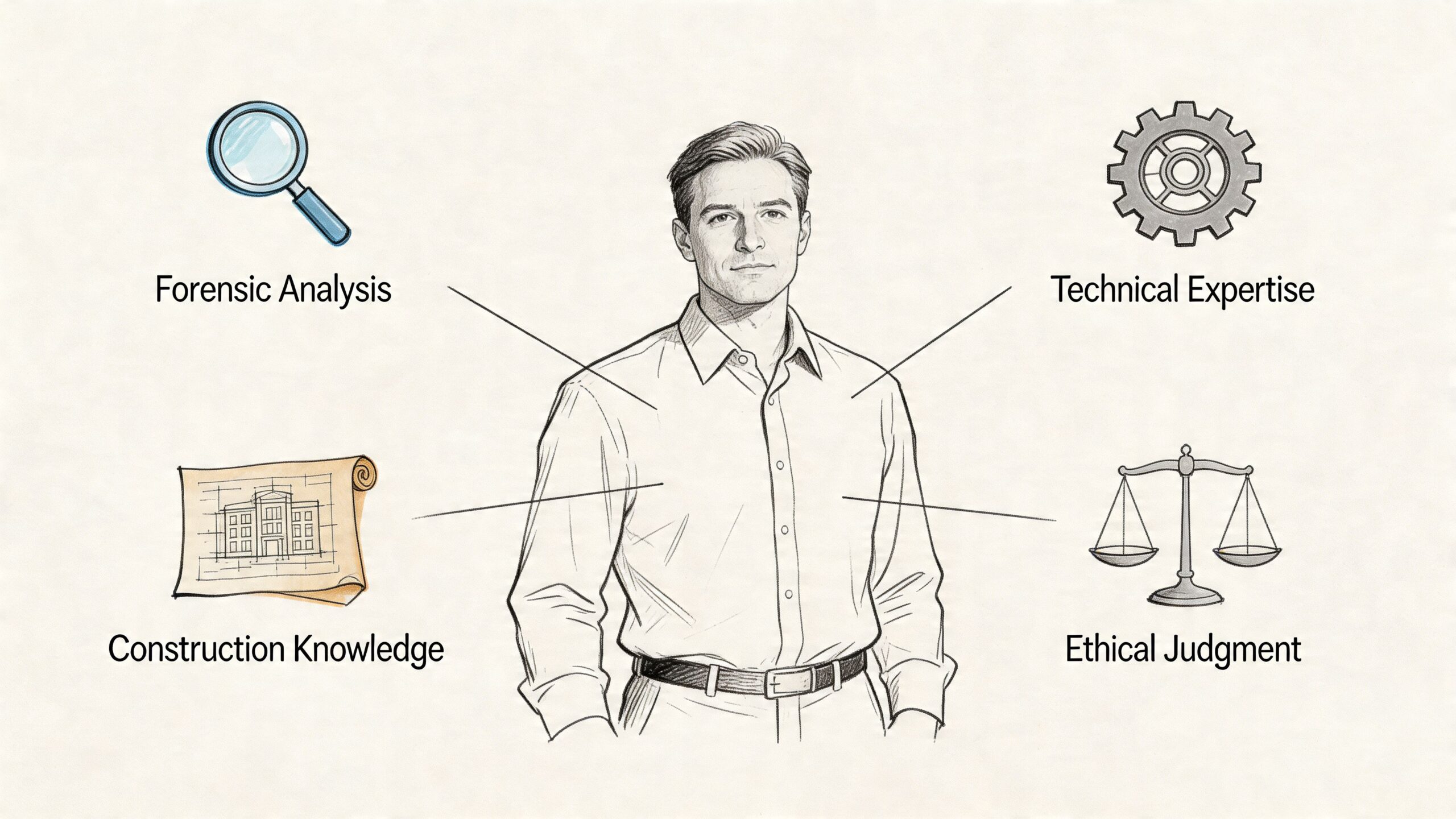 A professional man illustrated with icons representing forensic analysis, construction knowledge, technical expertise, and ethical judgment skills.