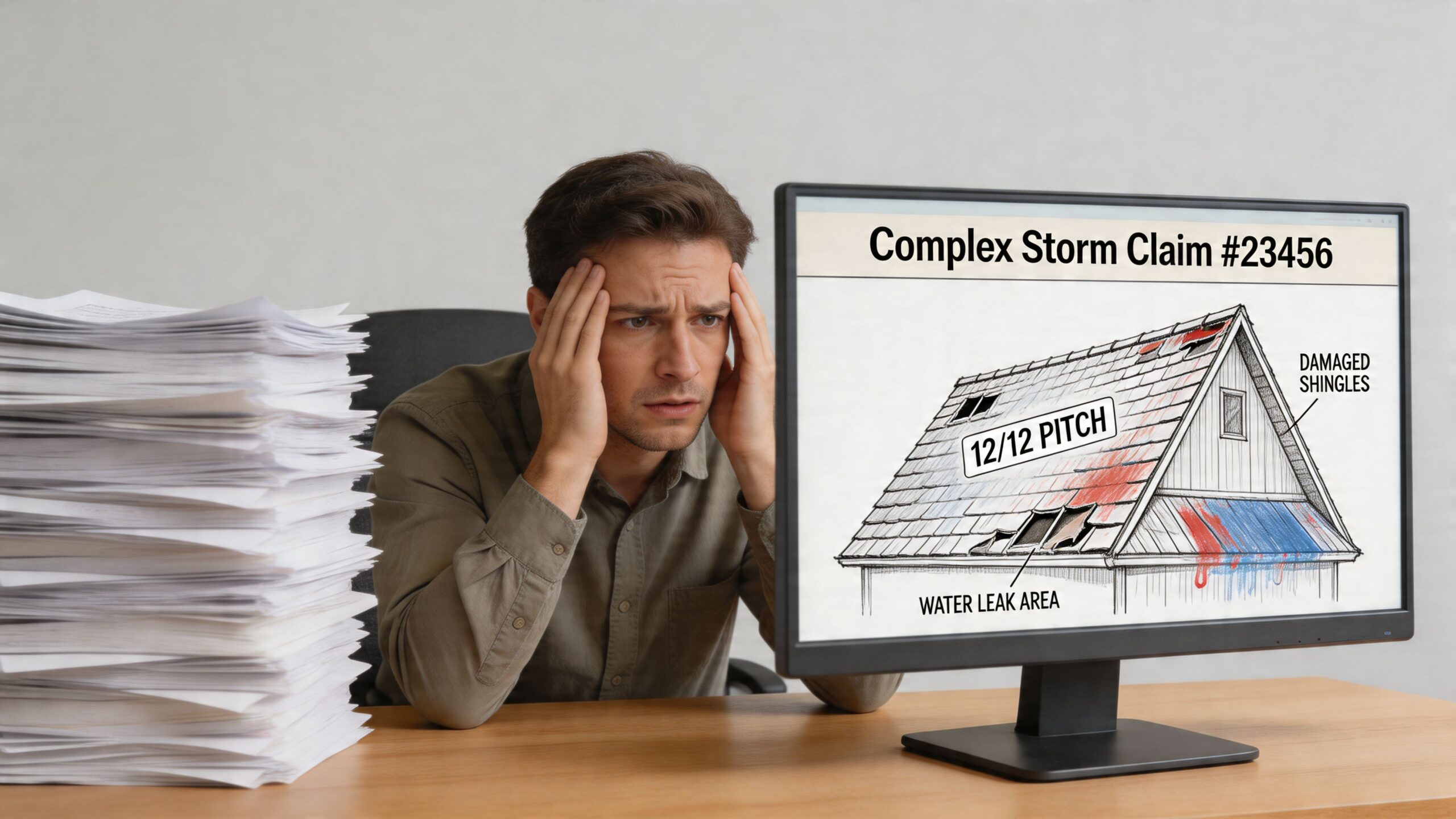 A stressed insurance claims adjuster reviewing a complex storm damage file with a roof diagram on screen.