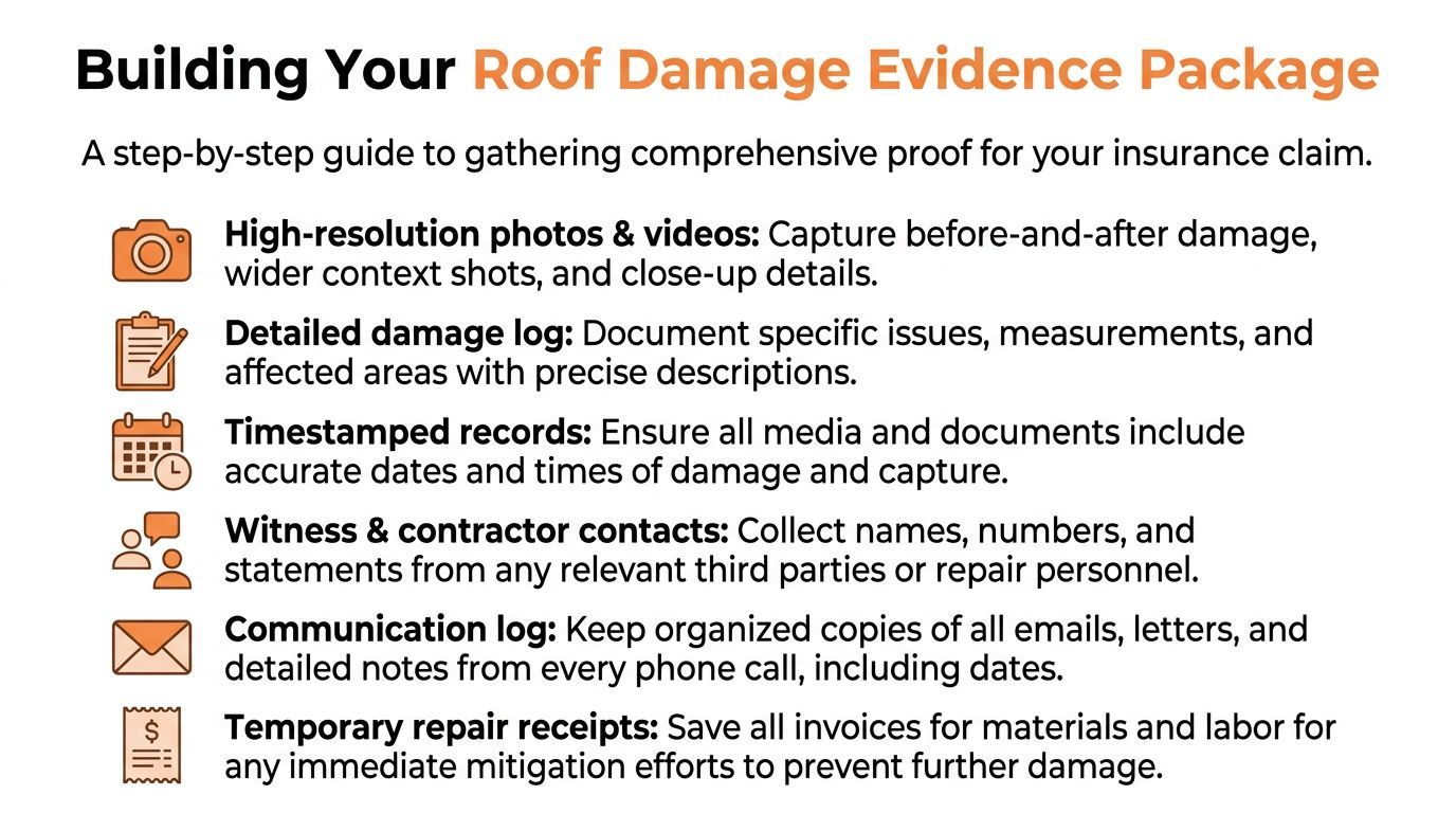 A checklist infographic titled Building Your Roof Damage Evidence Package for creating an insurance claim.