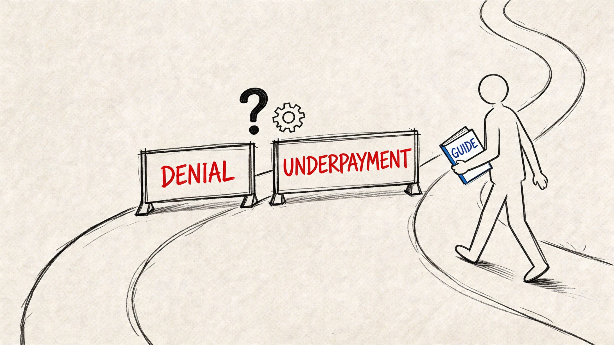 A stick figure holding a guide walking past barriers labeled Denial and Underpayment on a path.