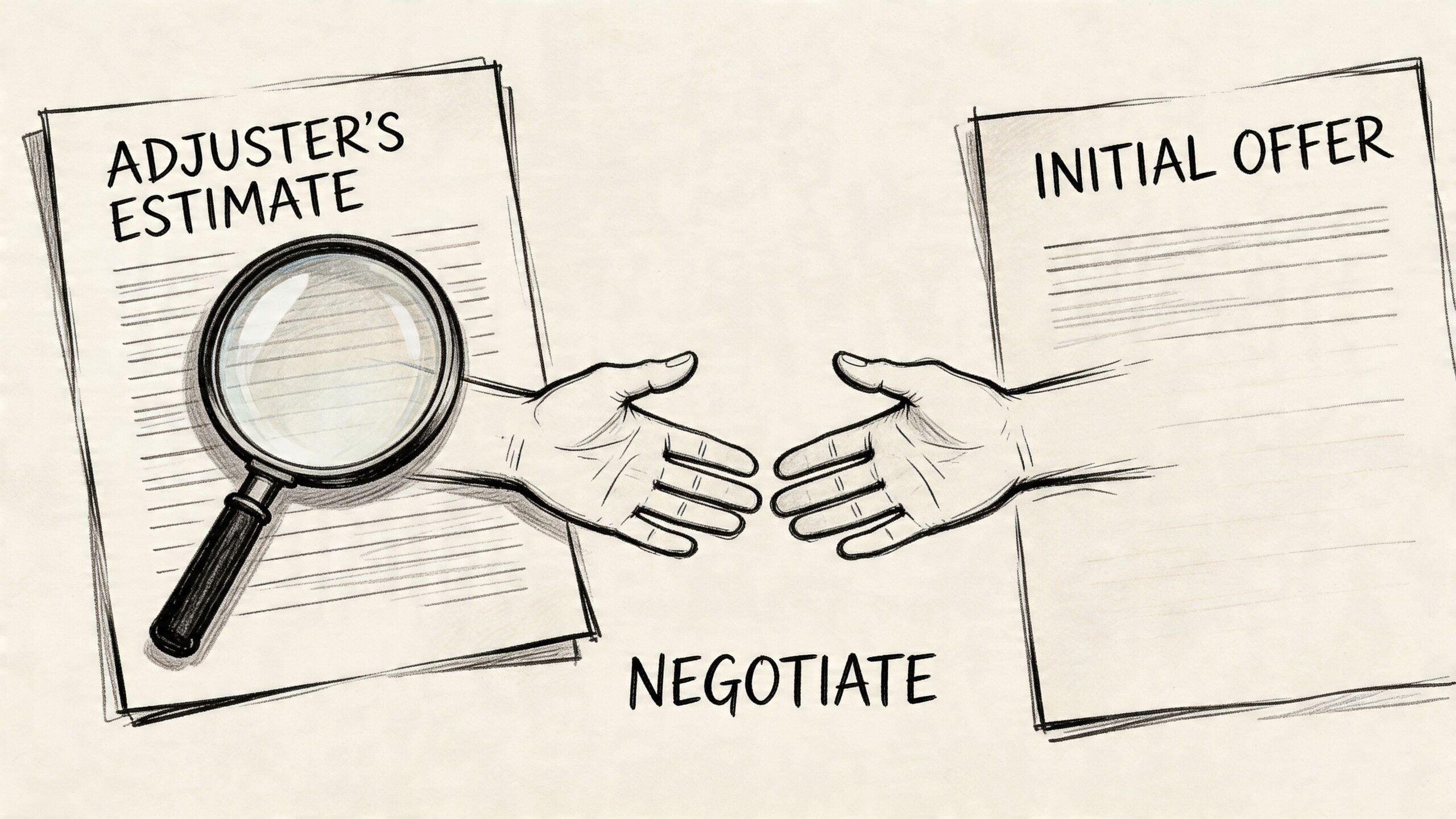 A conceptual illustration showing two hands negotiating between an adjuster's estimate document and an initial offer.