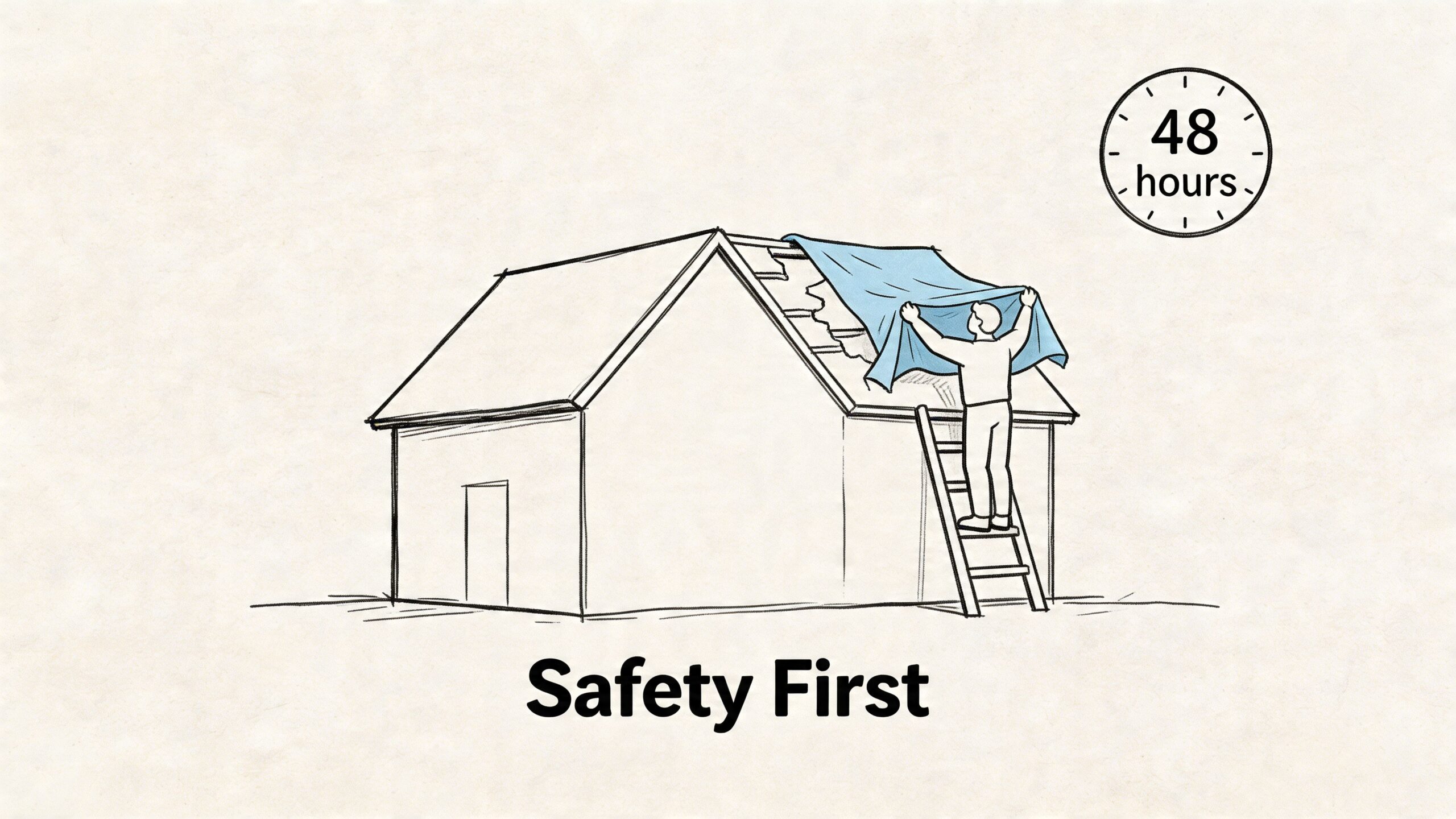 A simple line drawing showing a person on a ladder covering a damaged roof with a tarp.