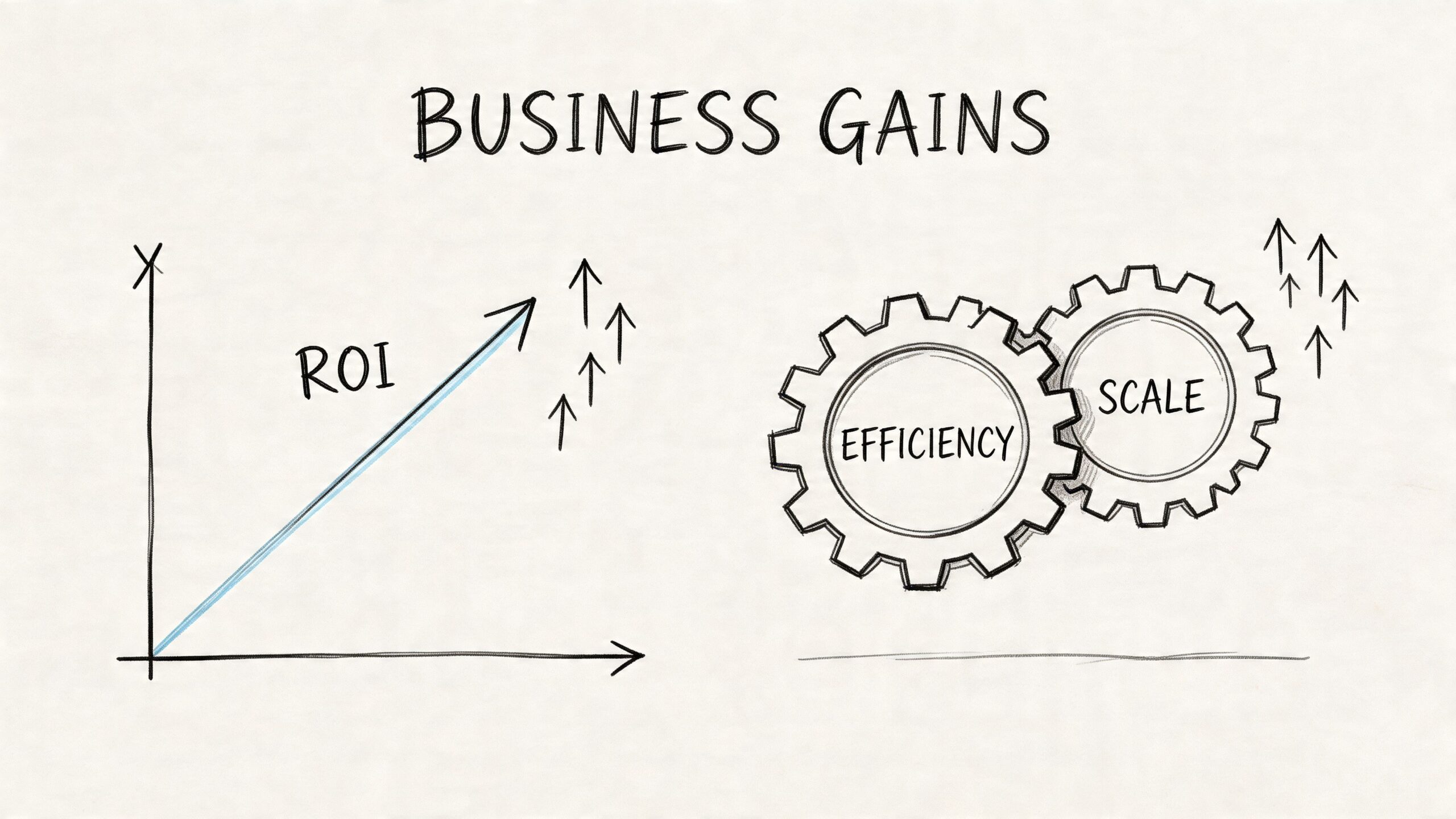 A hand-drawn business illustration showing upward trends in ROI, efficiency, and scale for business growth.