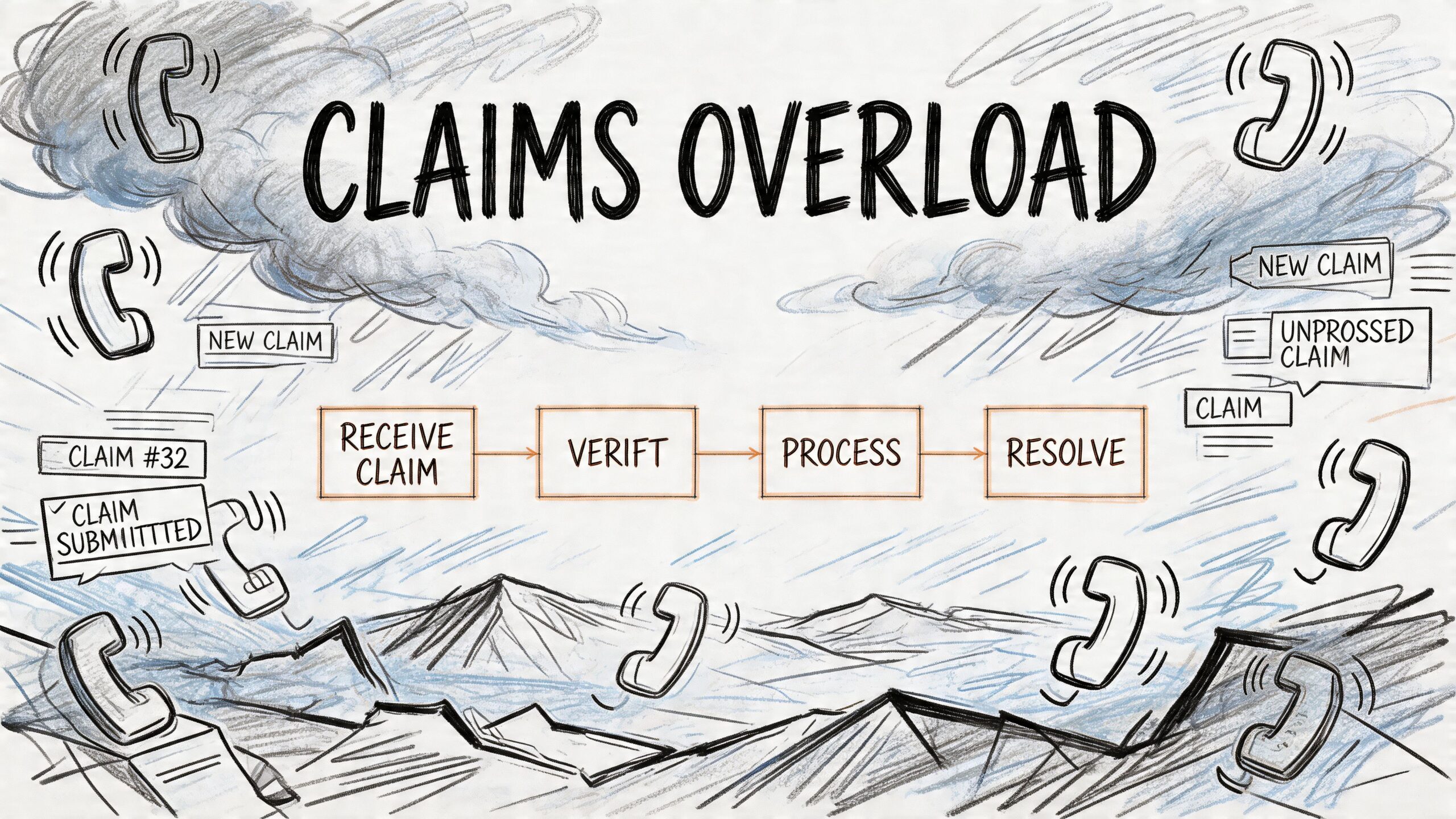 A conceptual sketch showing a storm of phone icons representing the chaotic overflow of insurance claims.