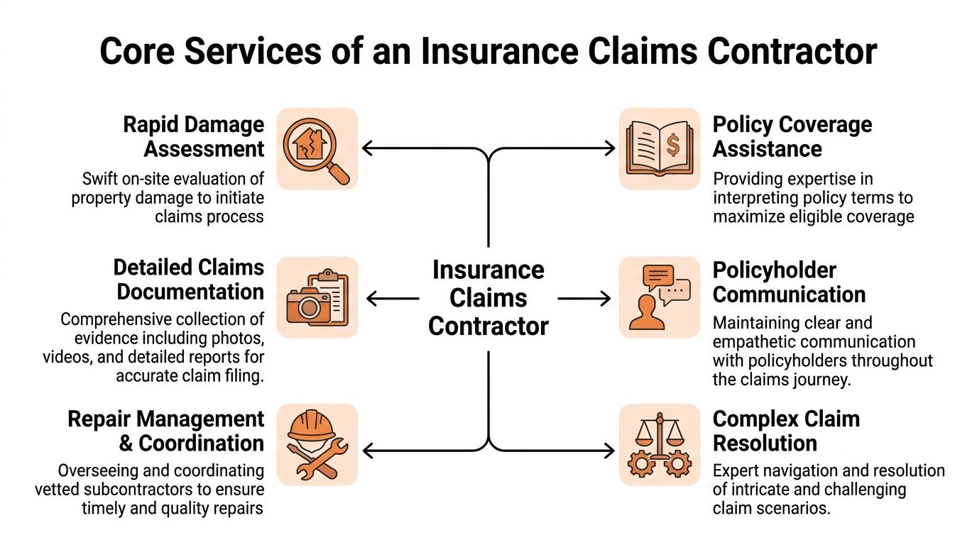 A diagram outlining the six core services provided by an insurance claims contractor for property damage management.