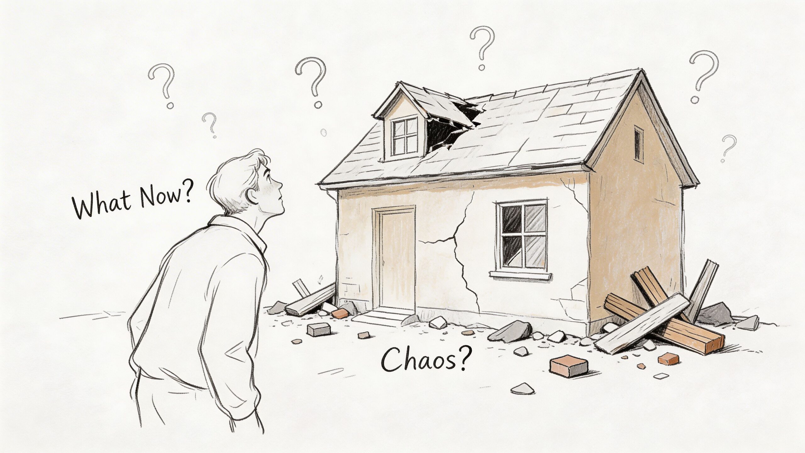 A man looks at a damaged house with cracks and broken roof debris, questioning his repair options.