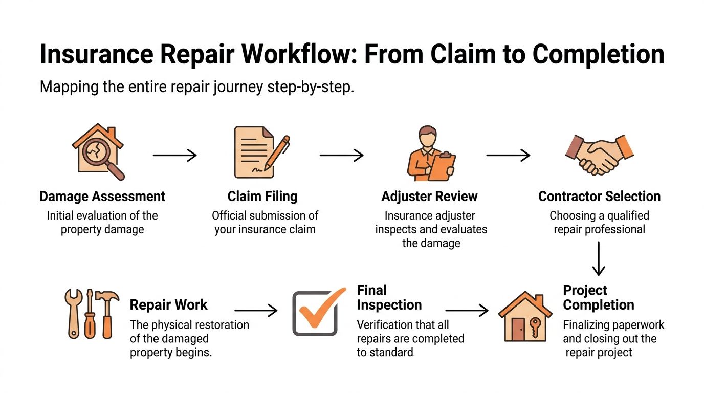 A flow chart titled Insurance Repair Workflow showing the steps from damage assessment to final project completion.