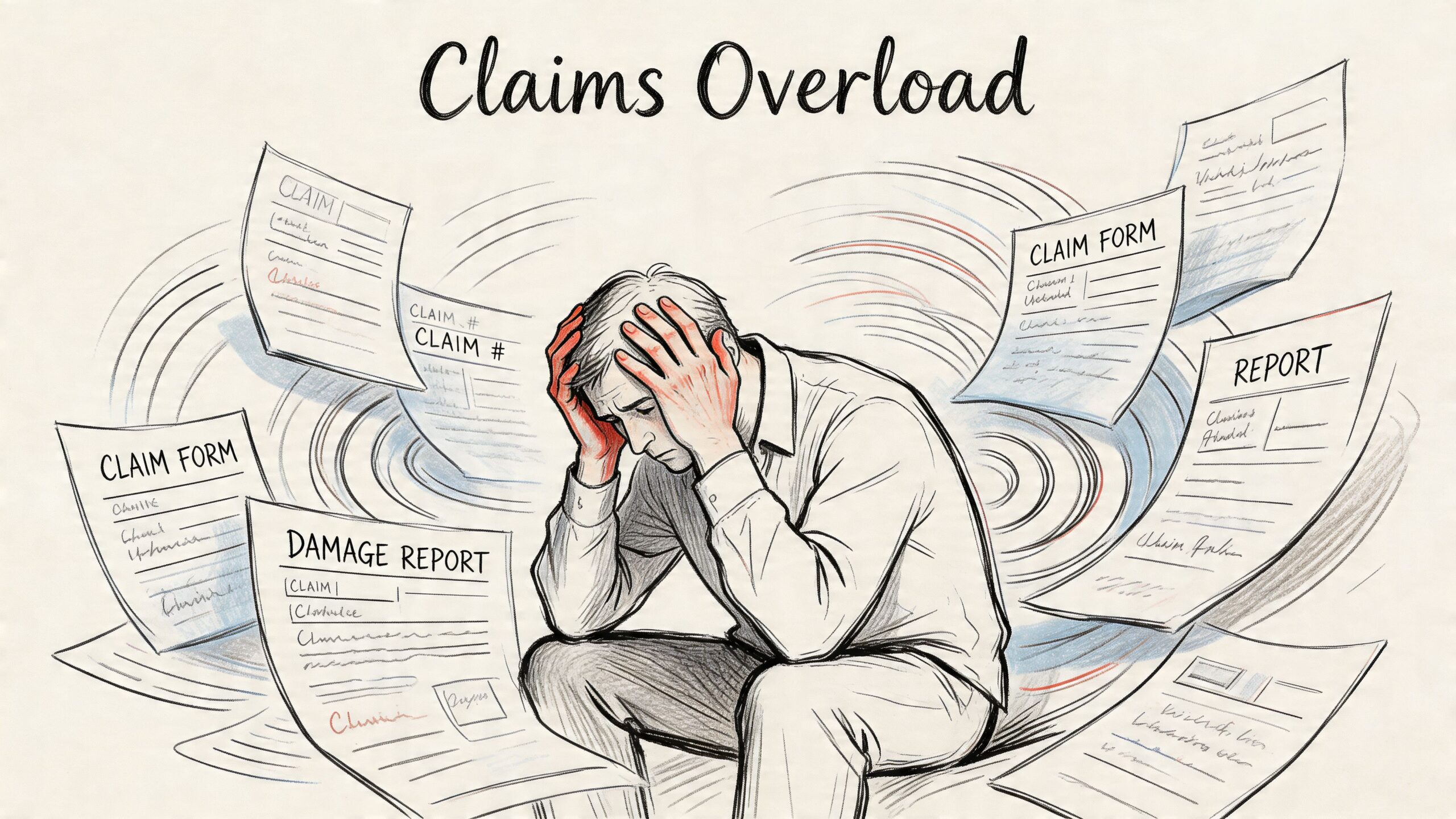 A distressed man sits surrounded by swirling paperwork, representing the overwhelming burden of insurance claims processing.