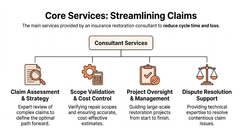 A diagram illustrating the core services provided by insurance restoration consultants to streamline claim processing effectively.