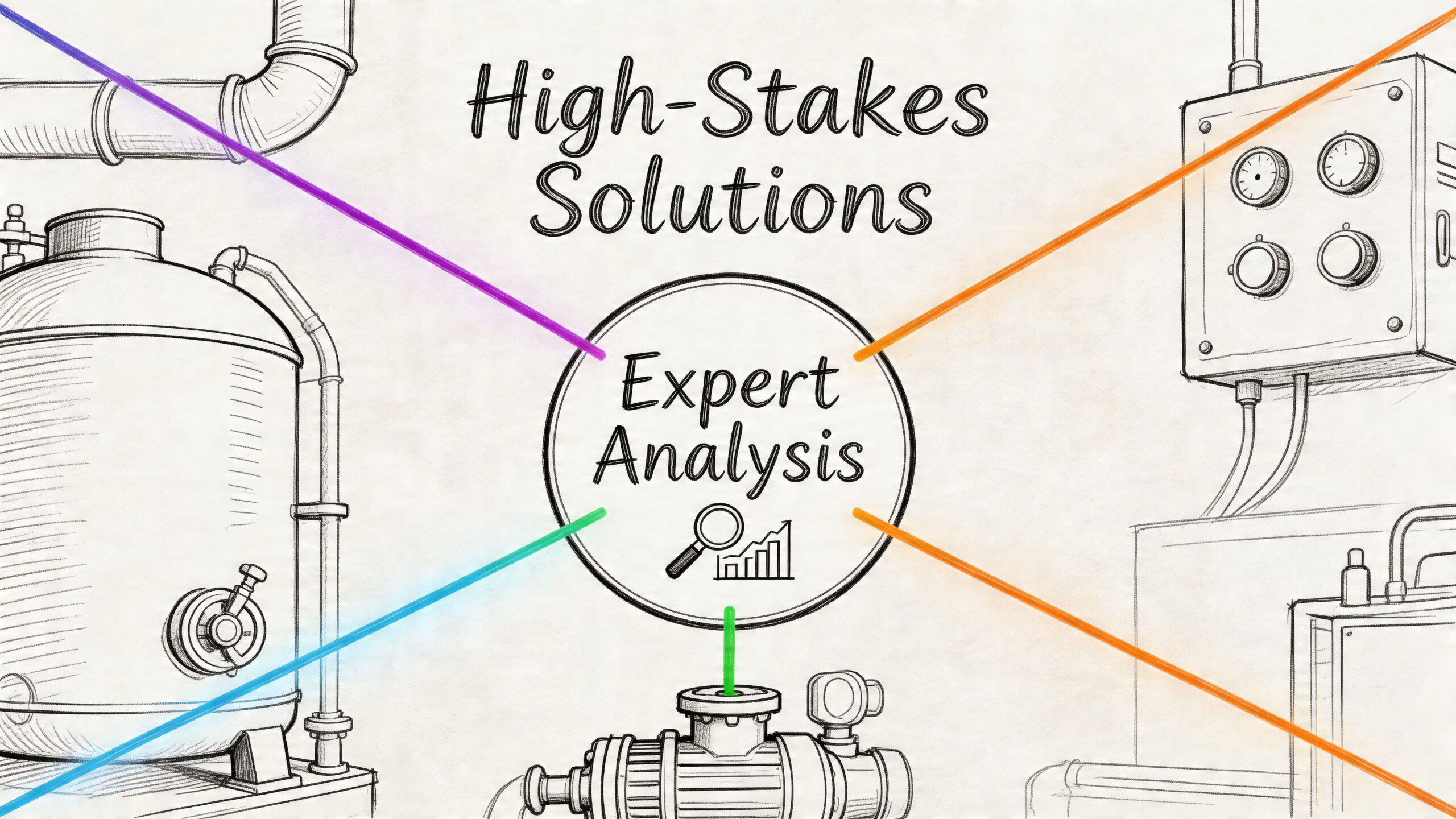 A conceptual diagram showing industrial equipment connected to a central circle labeled Expert Analysis for solutions.