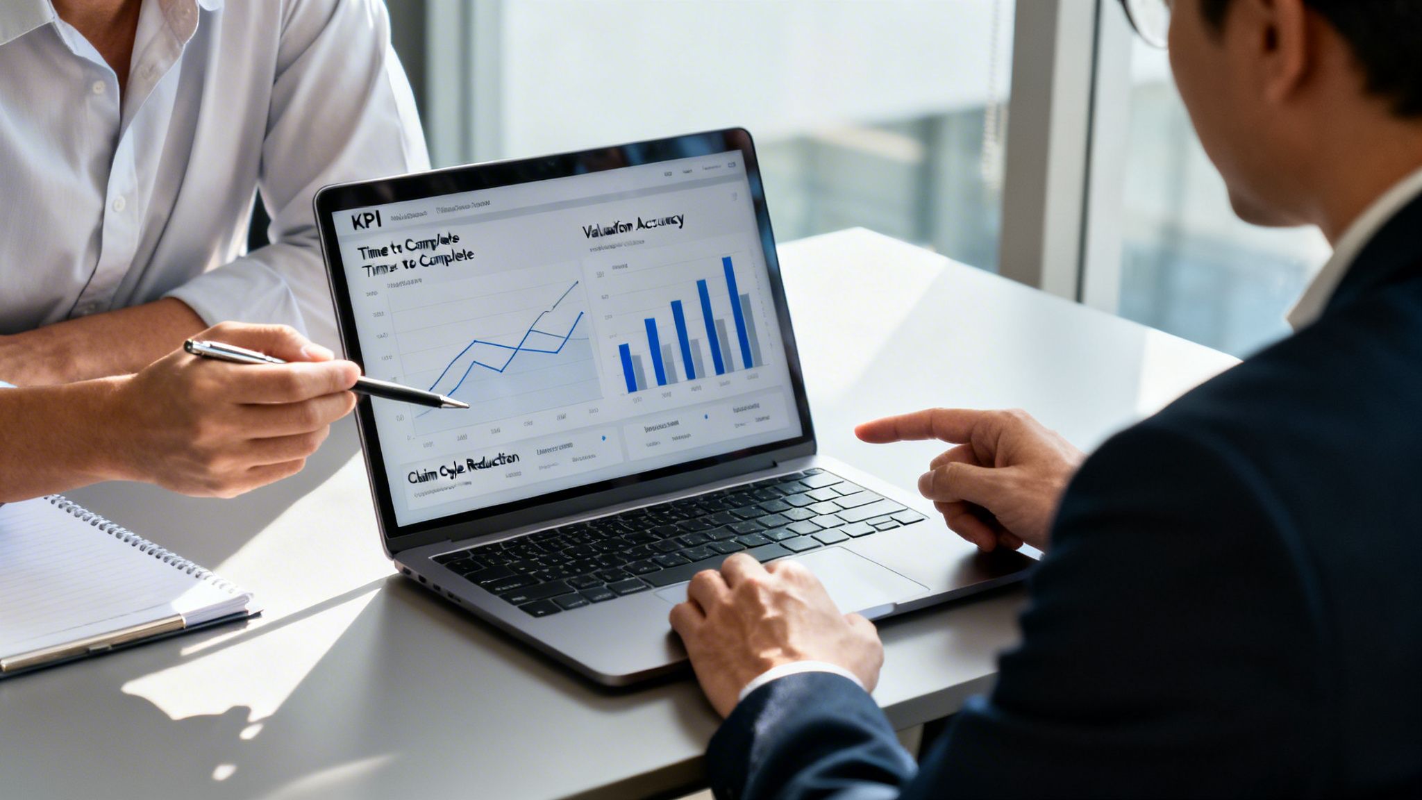Two business professionals analyzing performance metrics and graphs on a laptop in a modern office.