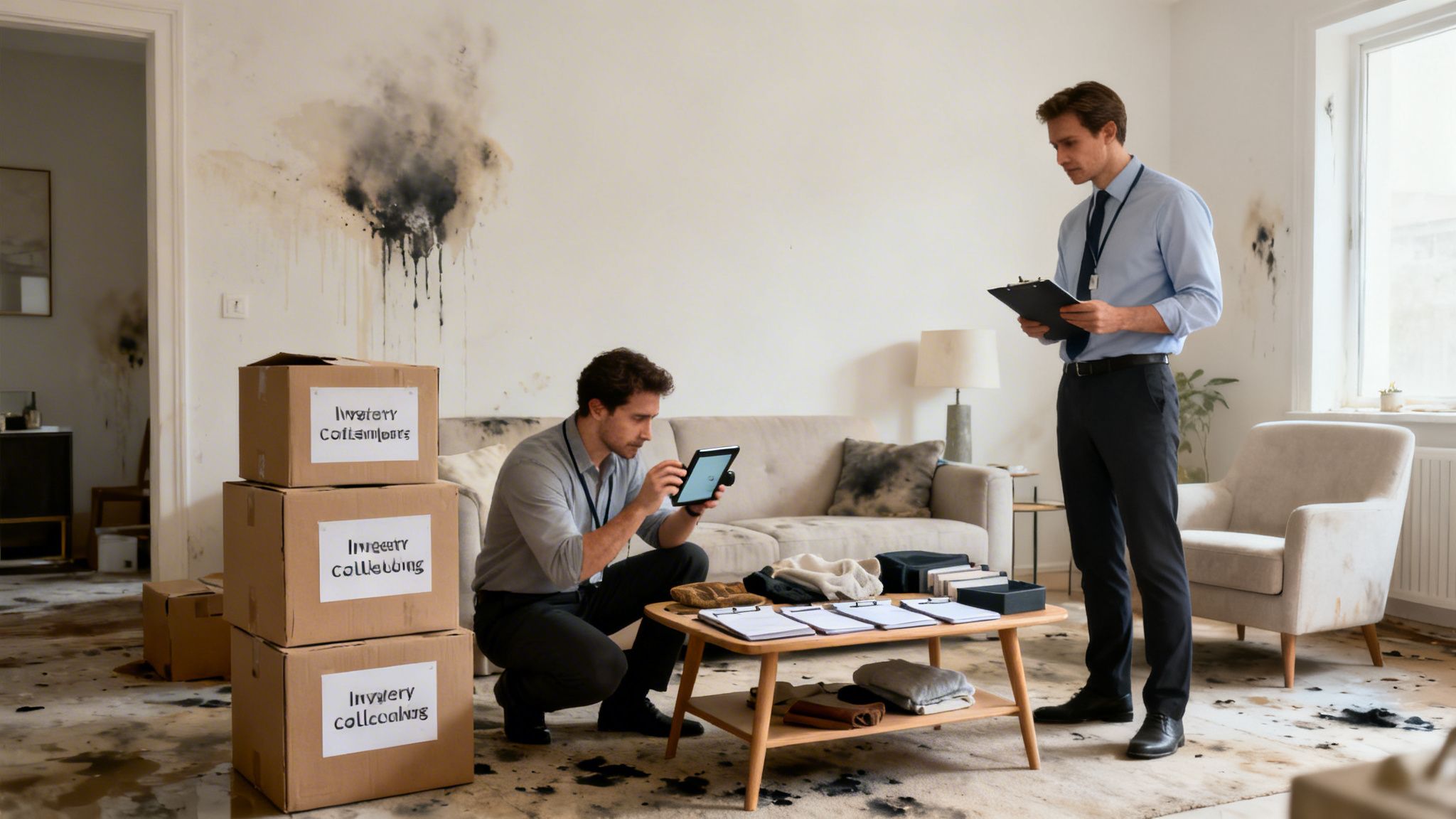 Two inventory management consultants assess extensive smoke and water damage in a living room, documenting items.