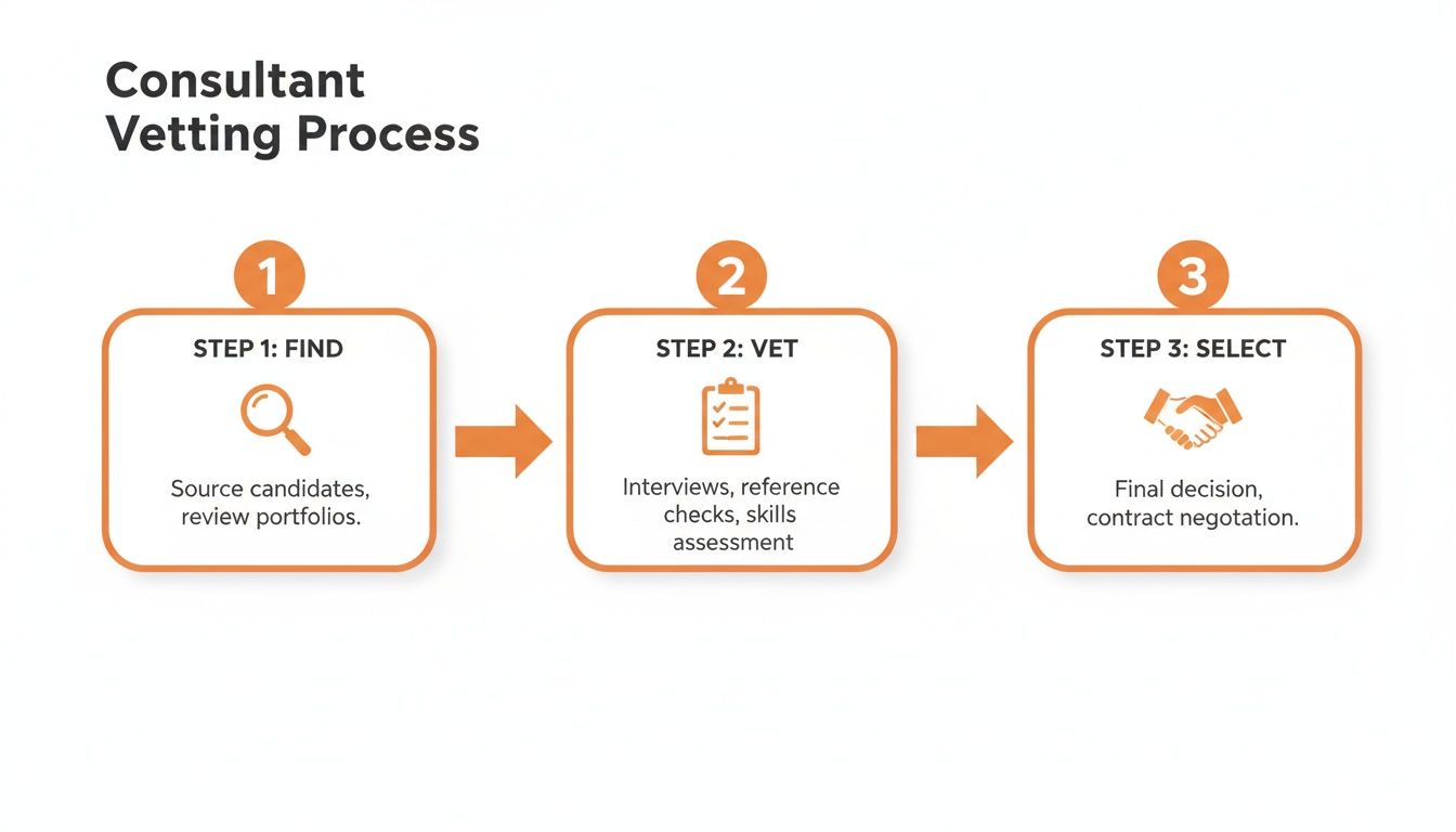 A three-step infographic outlining the consultant vetting process: Find, Vet, and Select.