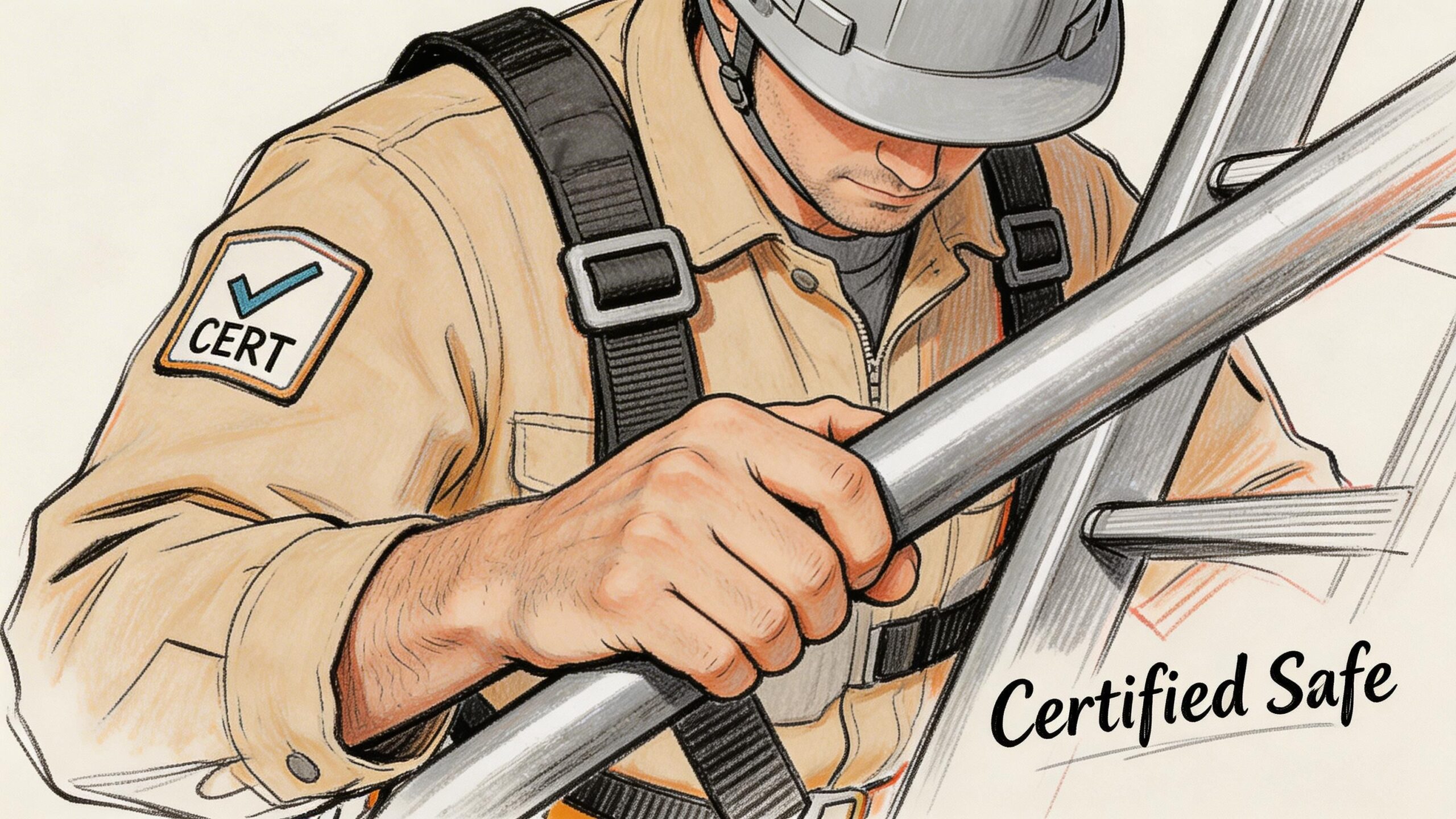 A professional construction worker wearing a hard hat and safety harness climbing a metal ladder.