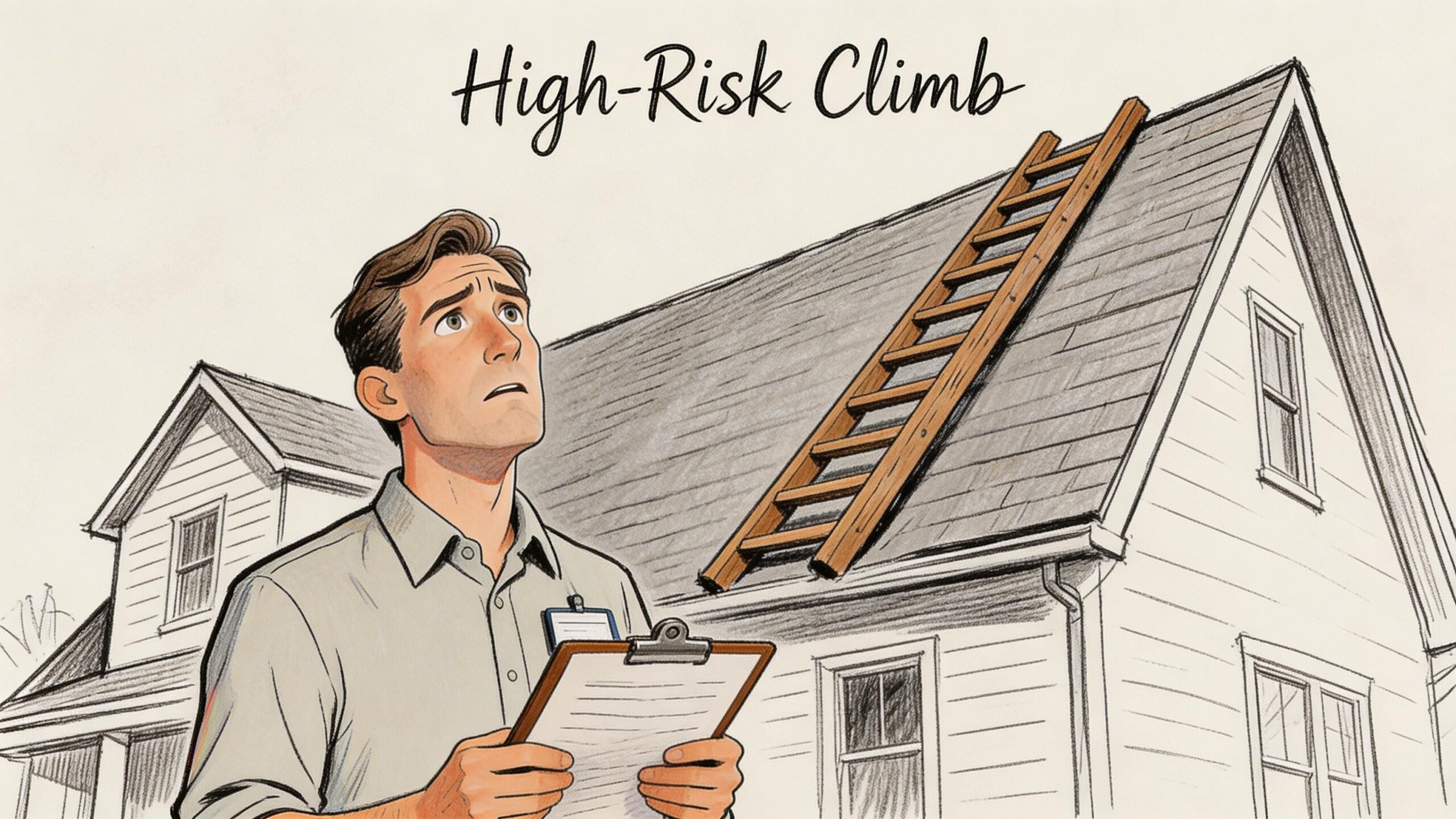 A concerned home inspector looks up at a wooden ladder leaning against the roof of a house.