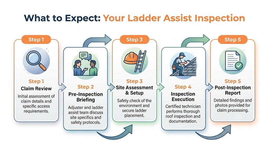 An infographic showing the five steps of a ladder assist inspection process for insurance claims.