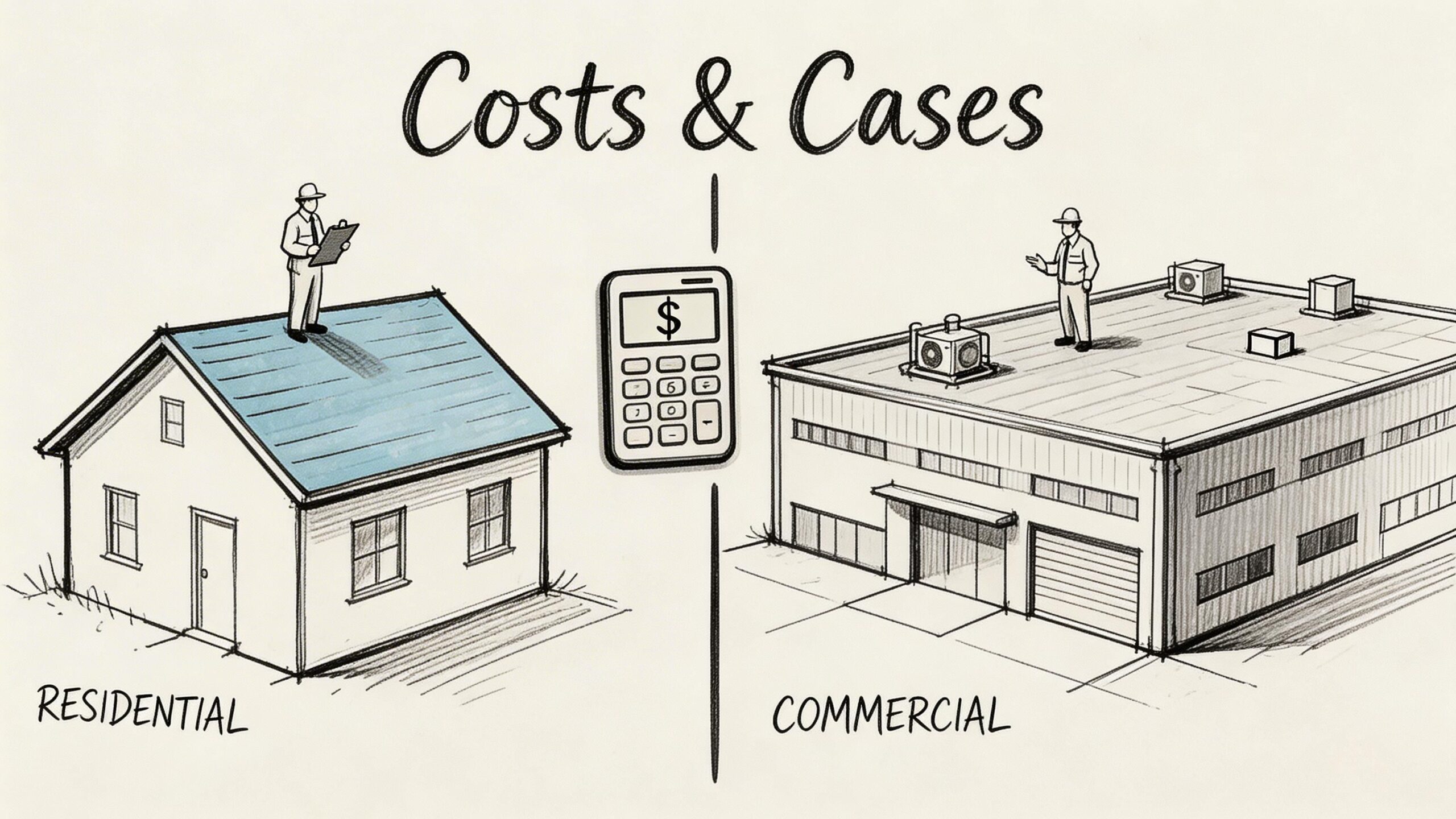 A hand-drawn illustration showing a residential house and a commercial building with a calculator between them.
