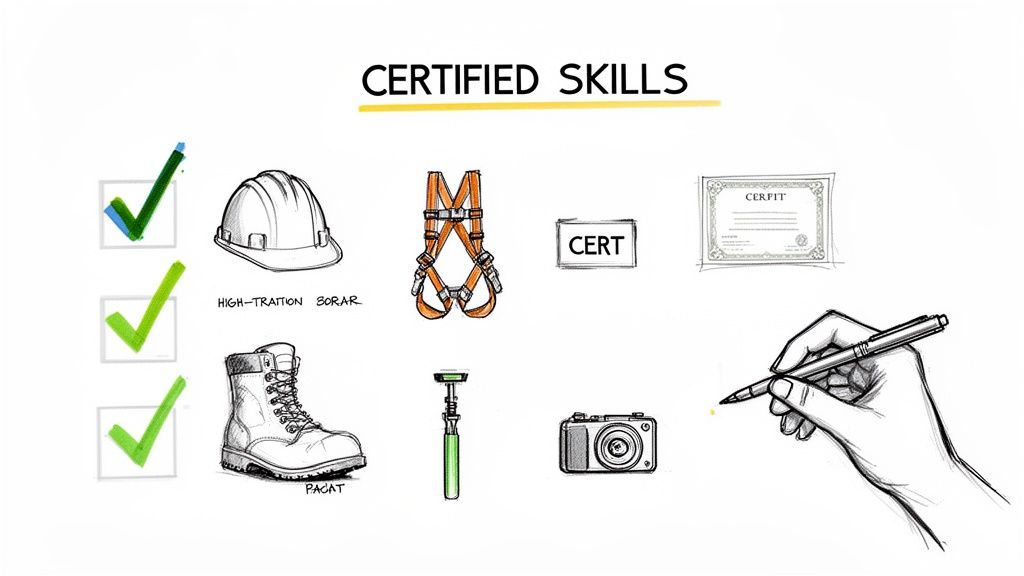 Various items like safety equipment, certificates, and tools to represent certified job skills.