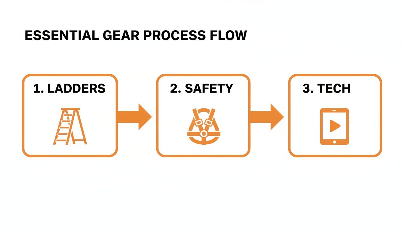A diagram illustrates the essential gear process flow: 1. Ladders, 2. Safety harness, 3. Tech devices.