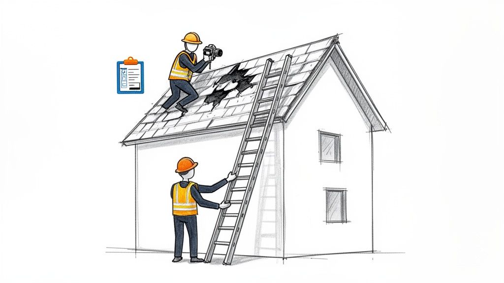 Two workers in hard hats and safety vests inspect a house with a damaged roof, one taking photos.