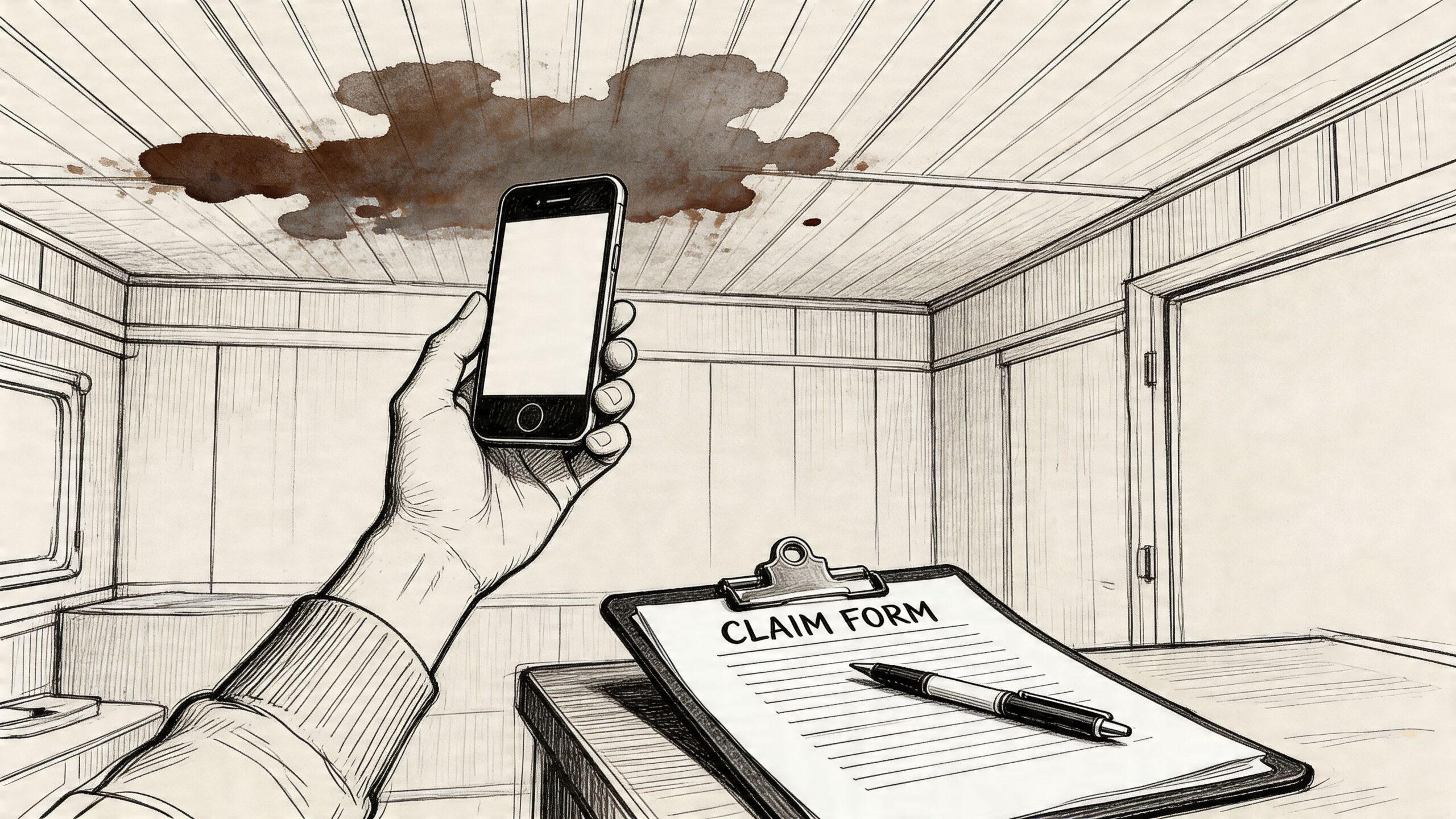 A hand holds a smartphone to photograph a large water stain on a mobile home ceiling.