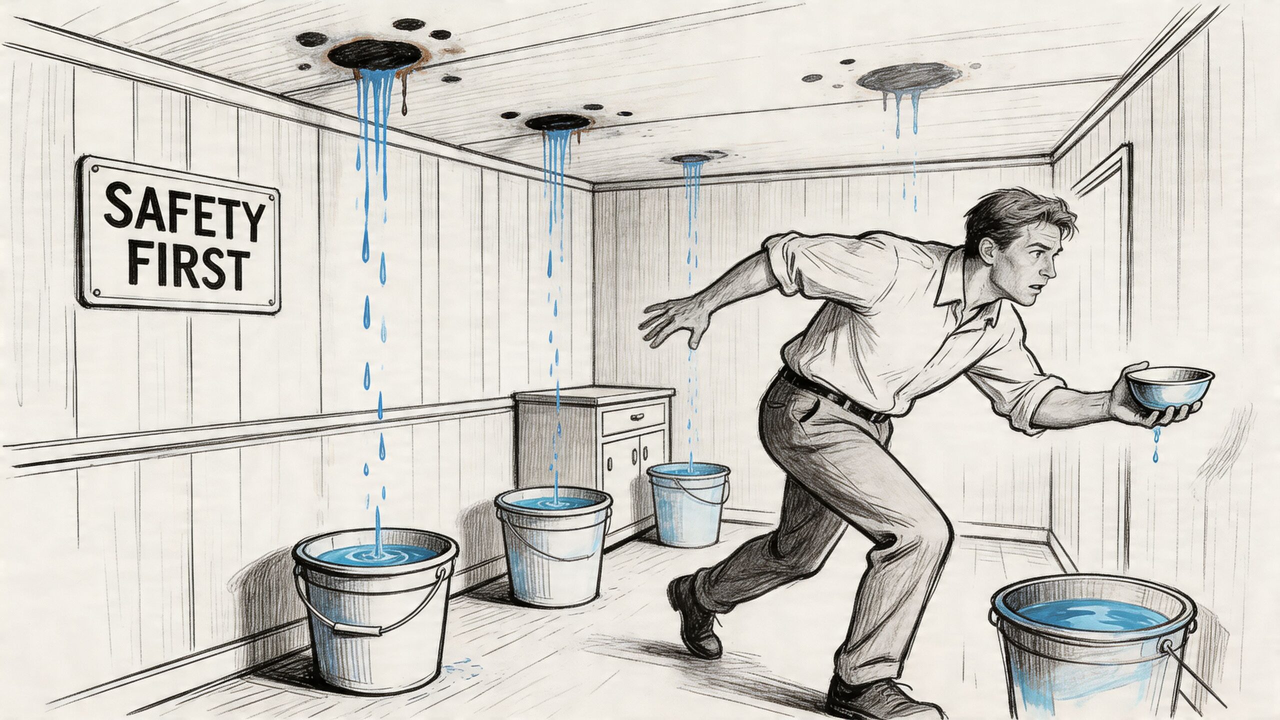 A man frantically tries to catch leaks from a ceiling with a bowl as buckets fill up.