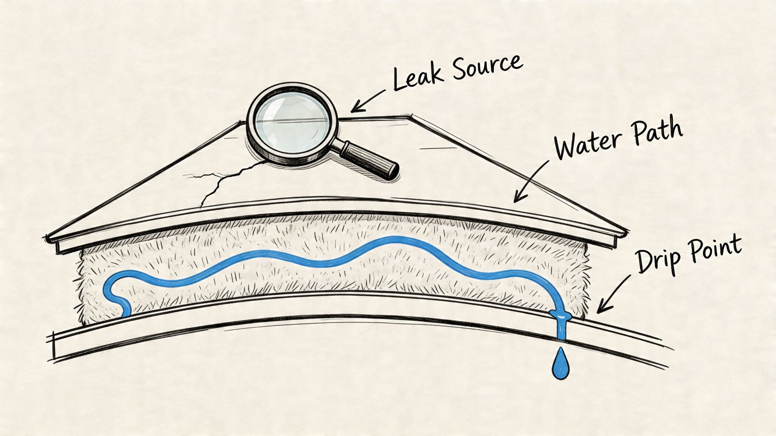A diagram illustrating how a leaking mobile home roof allows water to travel through insulation to drip.