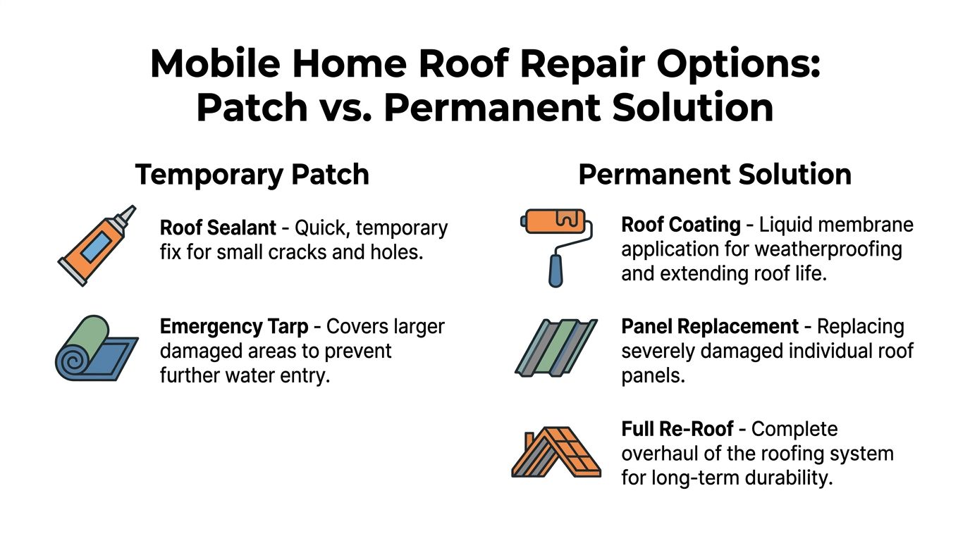 A comparison chart highlighting temporary and permanent mobile home roof repair solutions for damaged roofing systems.