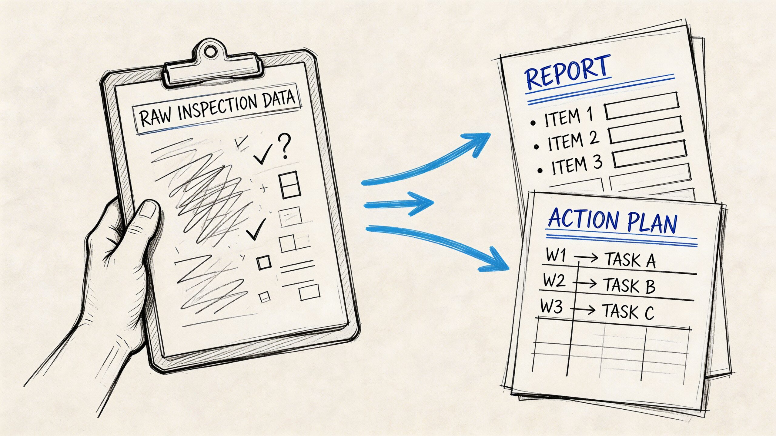 A hand holds a clipboard with inspection data being processed into a formal report and action plan.