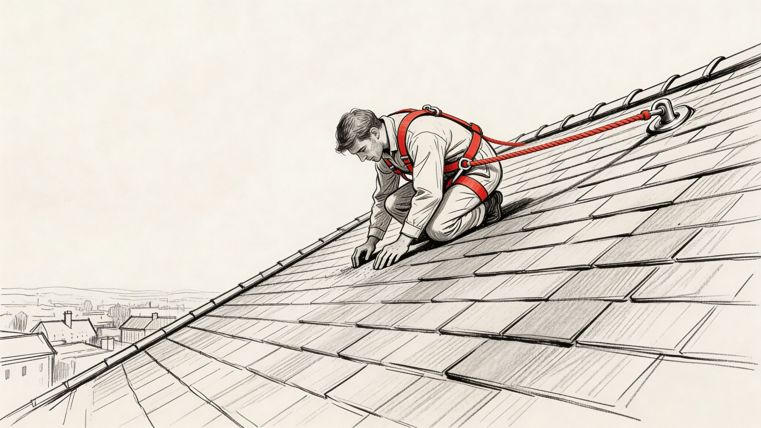 A roofer wearing a safety harness performing an on-site inspection on a sloped shingled house roof.