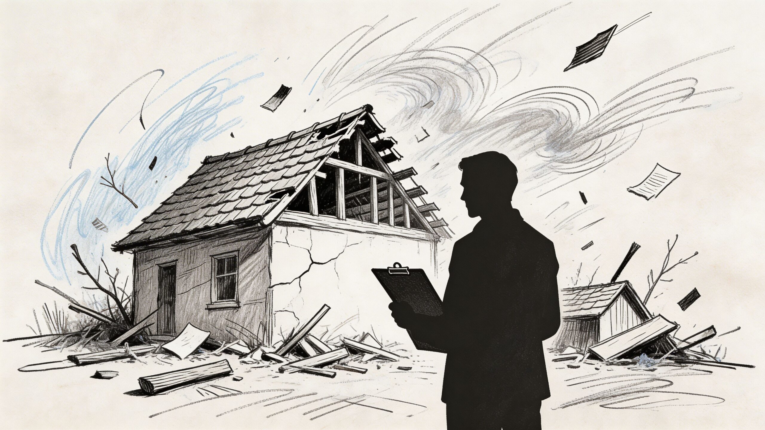 A silhouette of an inspector holding a clipboard surveying a house damaged by a powerful storm.