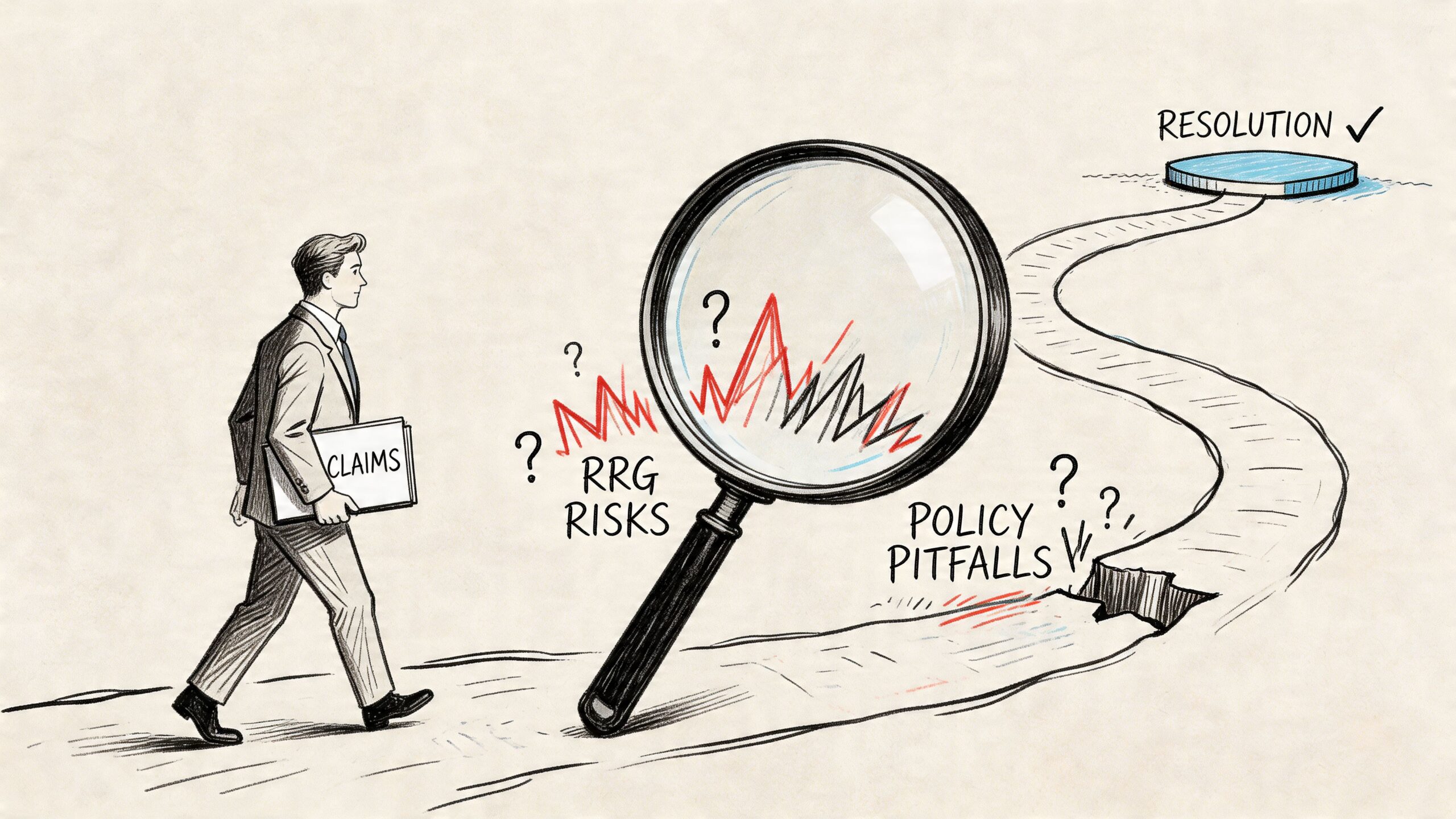A professional carrying a claims folder navigates through RRG risks and policy pitfalls toward a resolution goal.