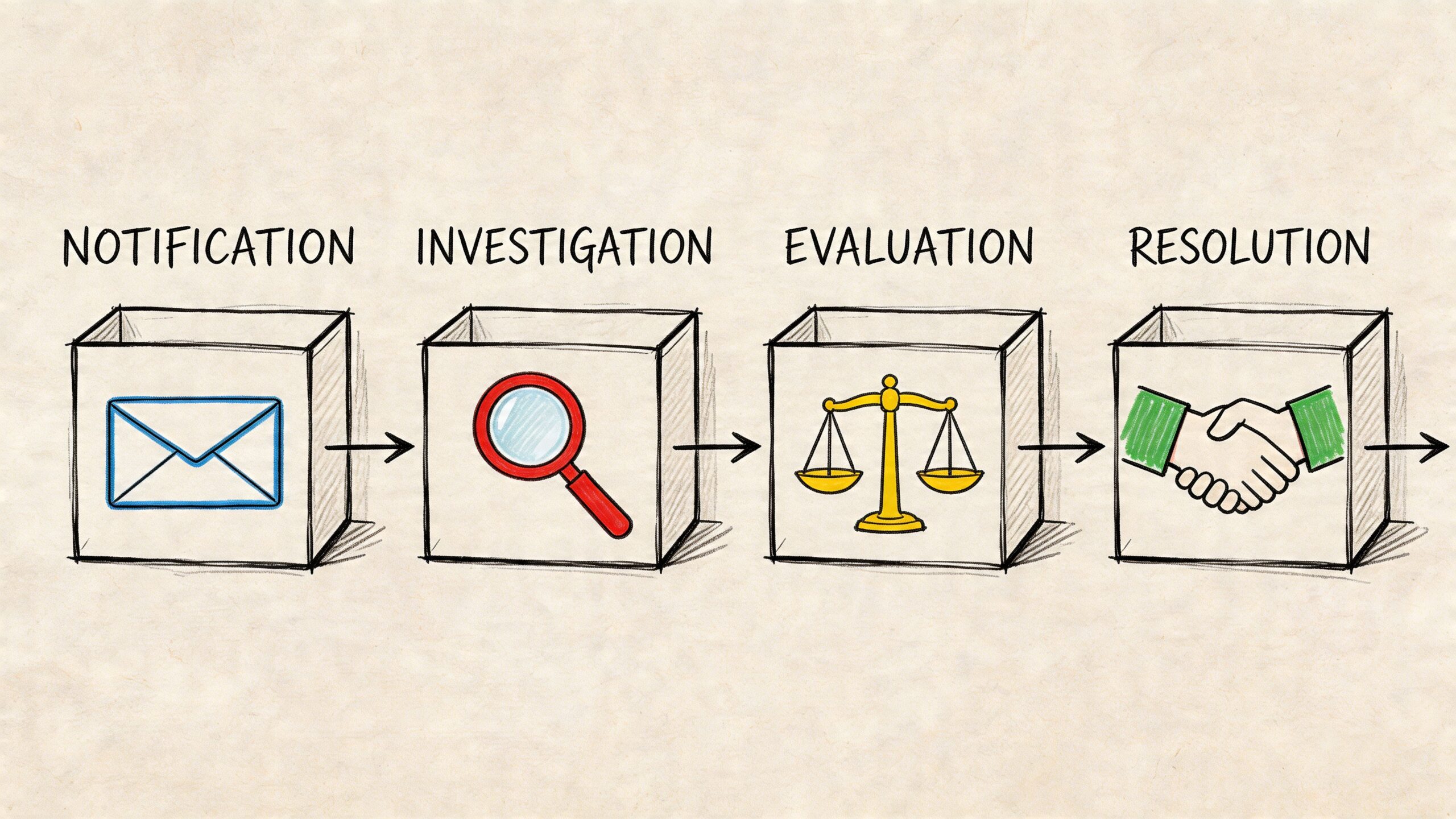 A diagram illustrating a four-step complaint management process labeled notification, investigation, evaluation, and resolution.