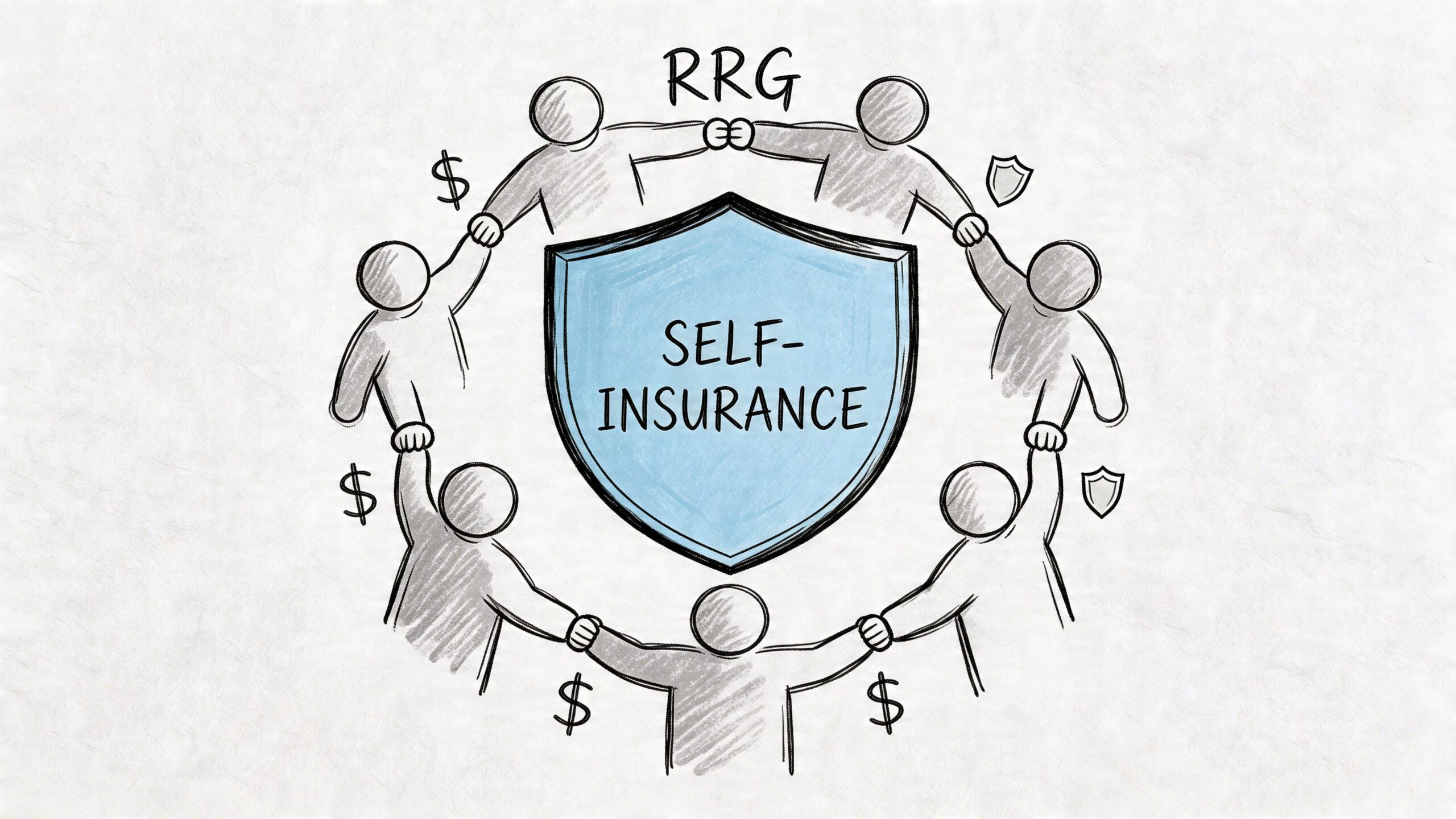 A hand-drawn illustration depicting a group of people forming a circle around a shield labeled self-insurance.