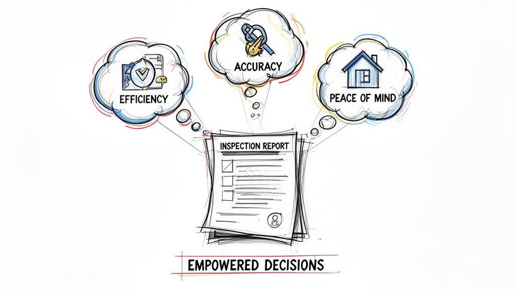 A hand-drawn illustration depicting how inspection reports lead to efficiency, accuracy, and peace of mind for empowered decisions.