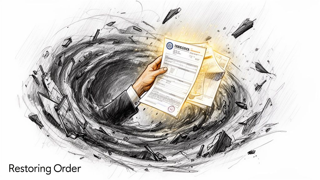 A hand emerging from a chaotic storm holding a document, symbolizing property inspection services restoring order.