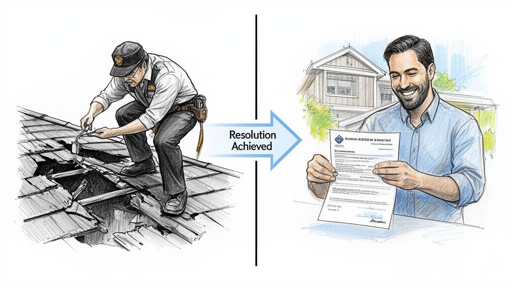 A split illustration showing a professional inspector examining a damaged roof and a homeowner satisfied with documentation.
