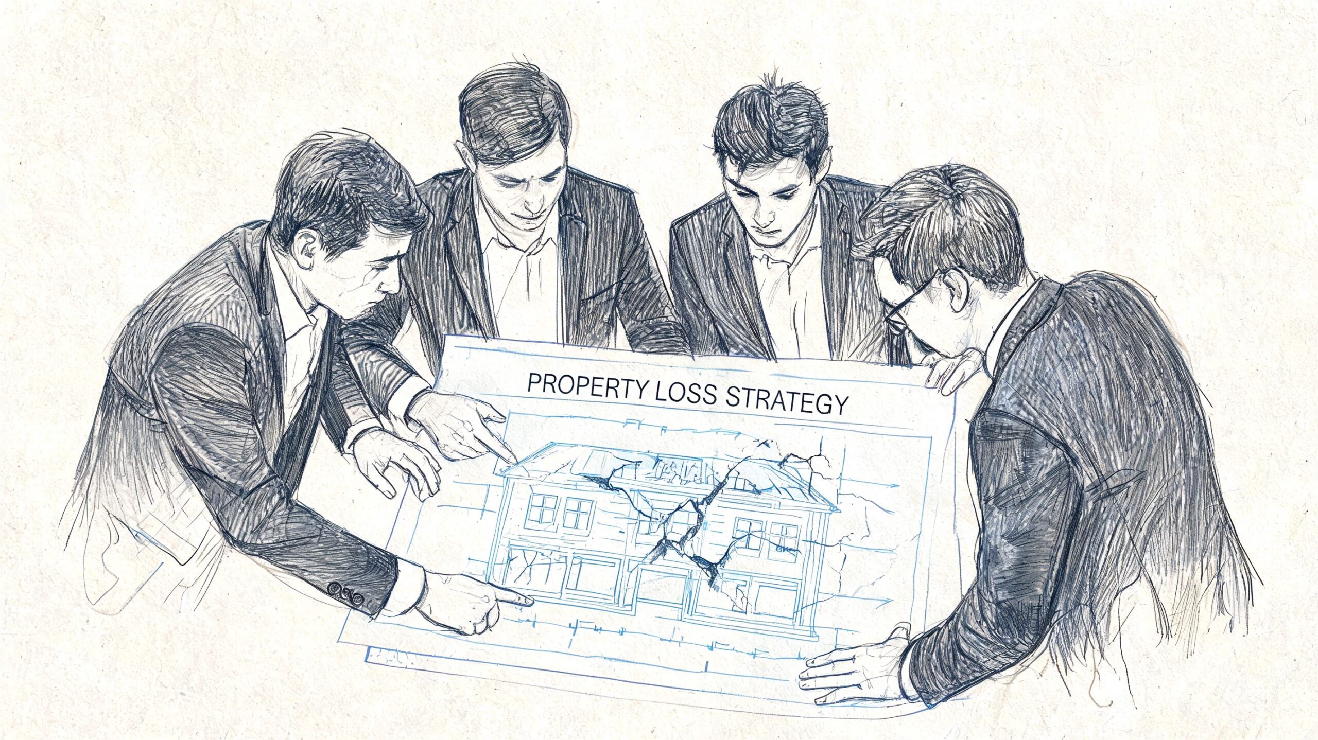 A group of professional consultants in business suits collaborating on a property loss strategy blueprint.
