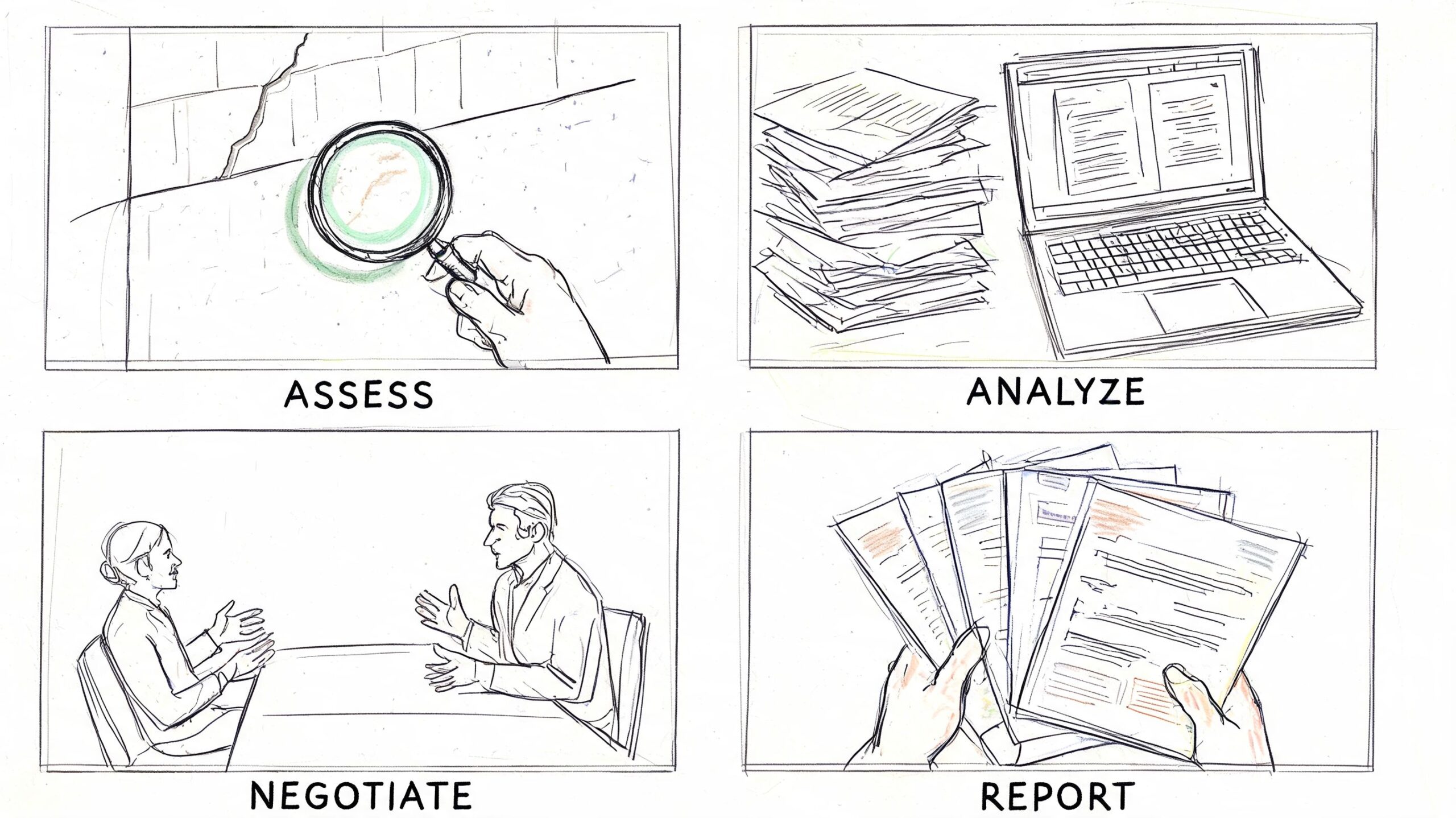 A four-panel drawing depicting the process of property loss consulting including assessment, analysis, negotiation, and reporting.