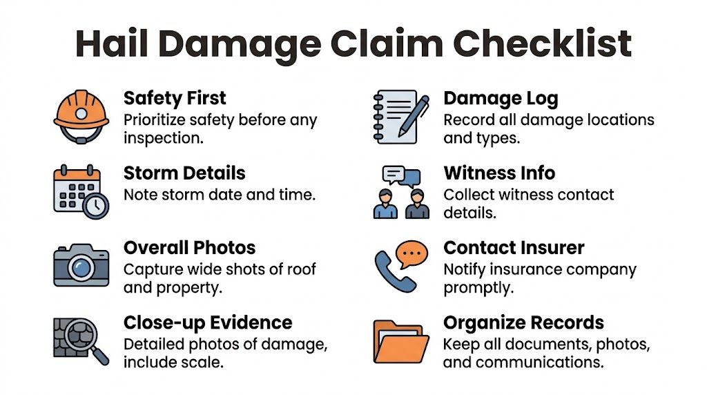 A helpful infographic checklist outlining essential steps to take when filing a hail damage insurance claim.